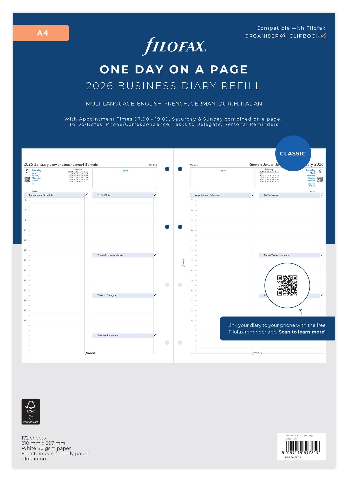 Filofax Refill Day Per Page 5 Language Appointment A4 2026 26-68719