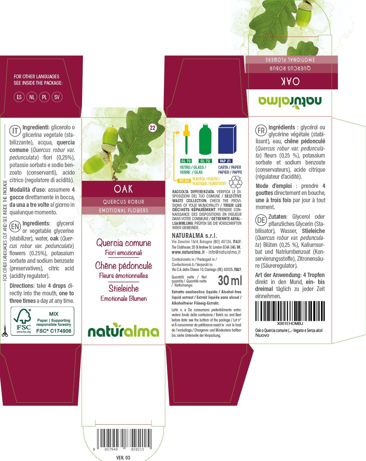 Oak o Roble común (Quercus robur var. pedunculata) Flores emocionales o Flores de Bach Naturalma - Gotas 30 ml - Extracto líquido sin alcohol - Esencias florales - Vegano