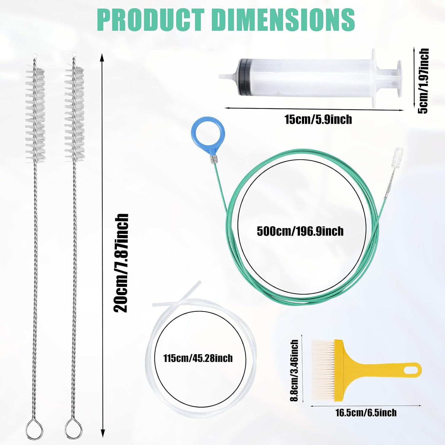 6pcs Car Auto Sunroof Drain Cleaning Tool Kit, Round Handle 5m/196.85in Long Soft Pipe Cleaner Brush Unclogger with Syringe & Hose for Car Wiper Sun Roof Trunk Drains Hole