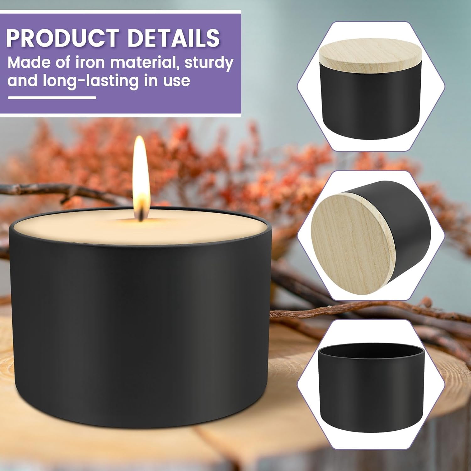 12Pcs Candle Tins with Wood Grain Lids,8oz Black Matte Jars for Candle Making,Empty Metal Container,Multipurpose DIY Container with Lid for Storing Tea Coffee Spice
