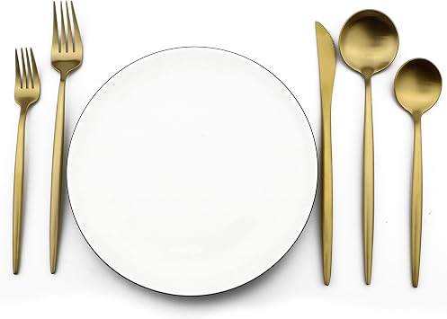 20-Pieces Gold 18/10 Stainles Steel Flatware Set, Knife Fork Spoon Silverware Set, Dinnerware Set Service for 4, Matte Finish, Dishwasher Safe