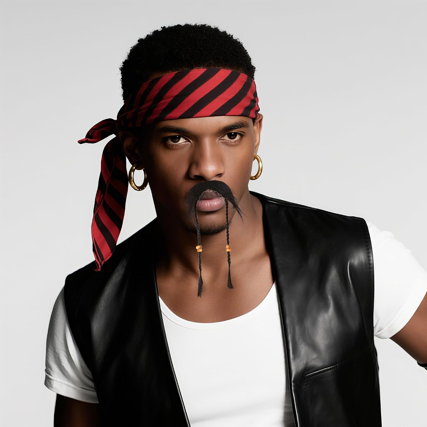 Black Fake Beard with Braids, Pirate Costume Accessories for Adults, Stick On Reusable Fake Mustache, Halloween Cosplay Party Favor Props for Men Women, 1 Pack
