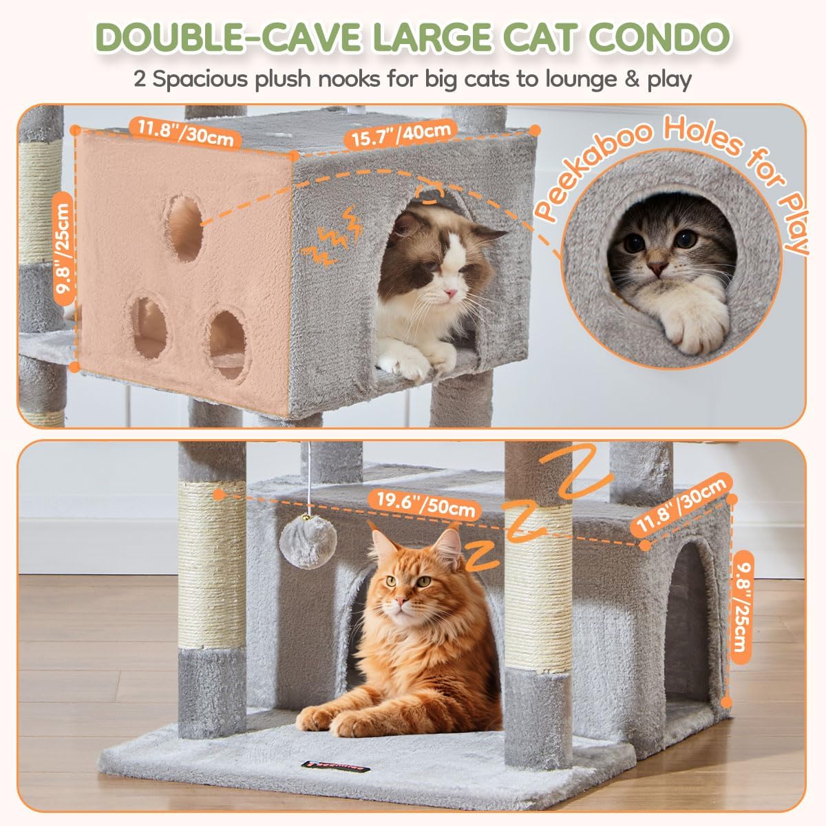 Taoqimiao 79 Inches XXL Cat Tree for Large Cats, for Oversized Cats, Multi-Level Cat Tower, 2 Spacious Cat Condo with 6 Scratching Posts, Hammcock & Cozy Basket, Cat Toys, Light Gray, S10W