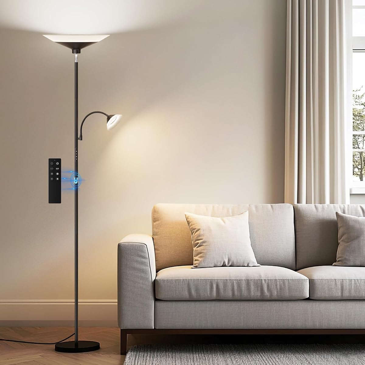 Upgraded 2-in-1 Torchiere Floor Lamp, Dimmable Standing Lamp with Remote&Button Control, 34W Brightness Adjustable Floor Reading Light, Black Modern Corner Lamp for Living Room Bedroom Office
