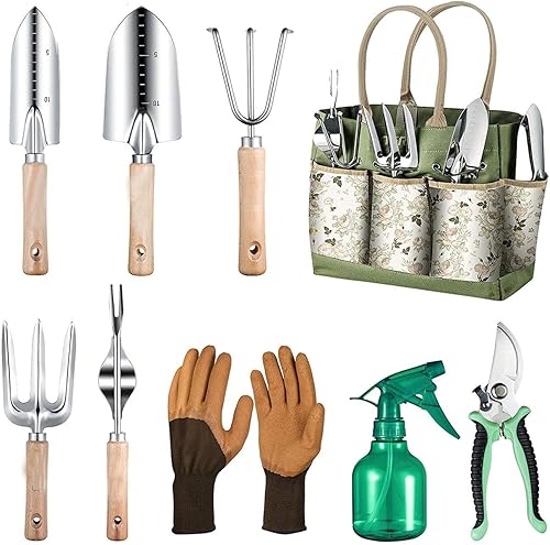 Juego de herramientas de jardinería de 9 piezas resistentes a prueba de óxido con bolsa de almacenamiento y guantes de goma antideslizantes, regalos