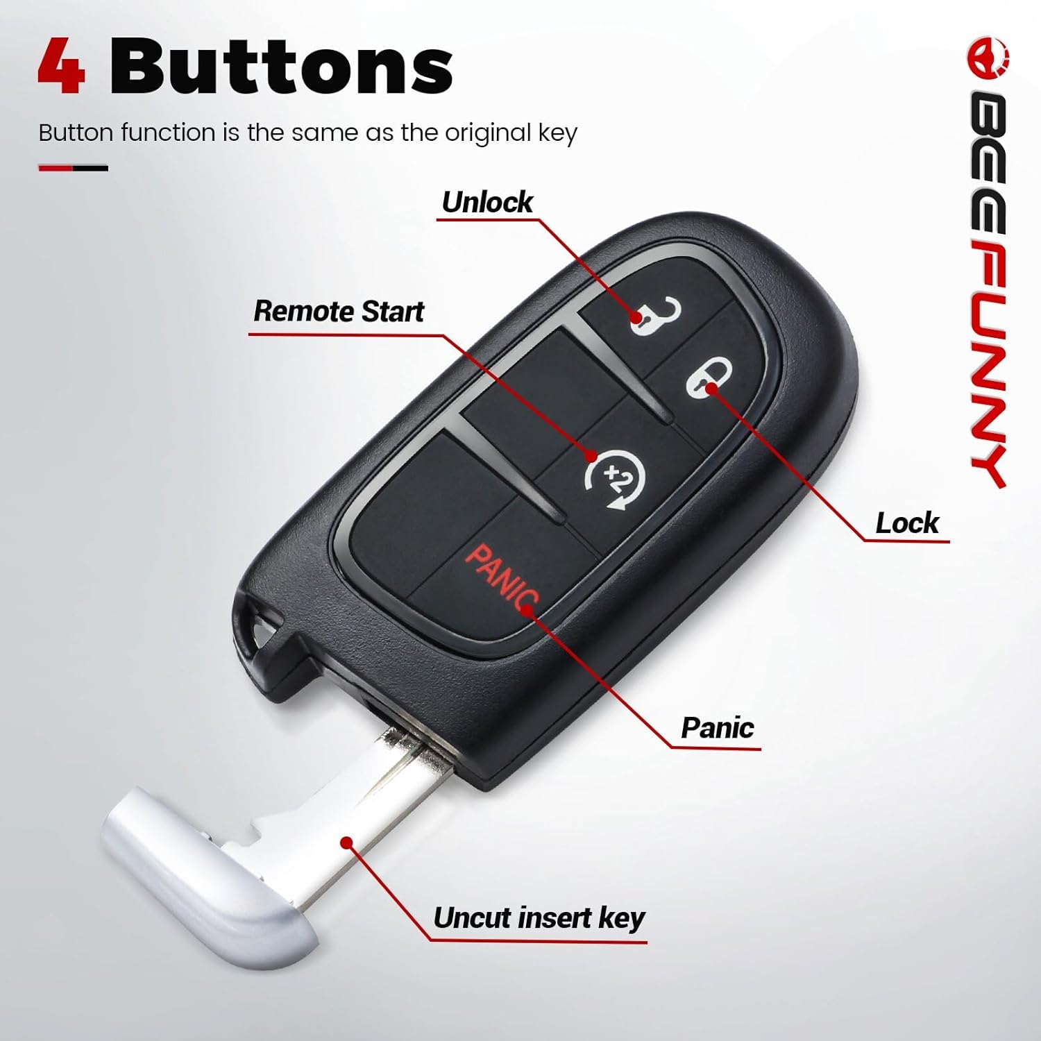 Beefunny Replacement Remote Start Smart Car Key Fob 433MHz 4A Chip for Jeep Cherokee 2014-2019 FCC ID: GQ4-54T (2)