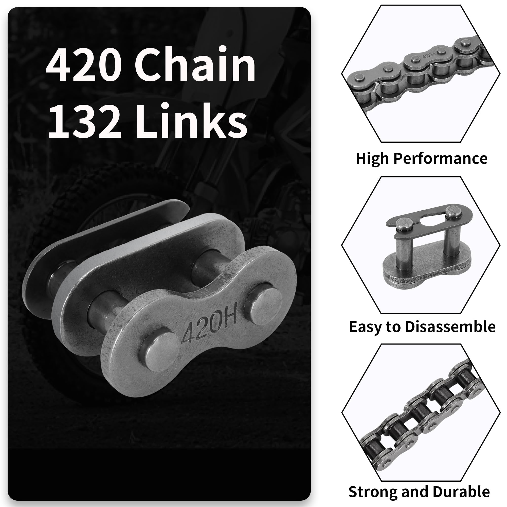 420 Chain Master Link 132 Liens 420 Chaîne de Rouleaux d'entraînement pour 110 125cc Dirt Pit Bike ATV Quad Go Kart Mini Bike Scooter avec Brise-Chaîne