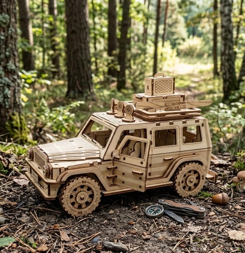 NiXiM 3D puzzle OFF-ROAD CAR puzzle 3D en bois, portes avant et arrière ouvrantes, roues pivotantes, technologie de découpe laser, modèle de voiture en bois...