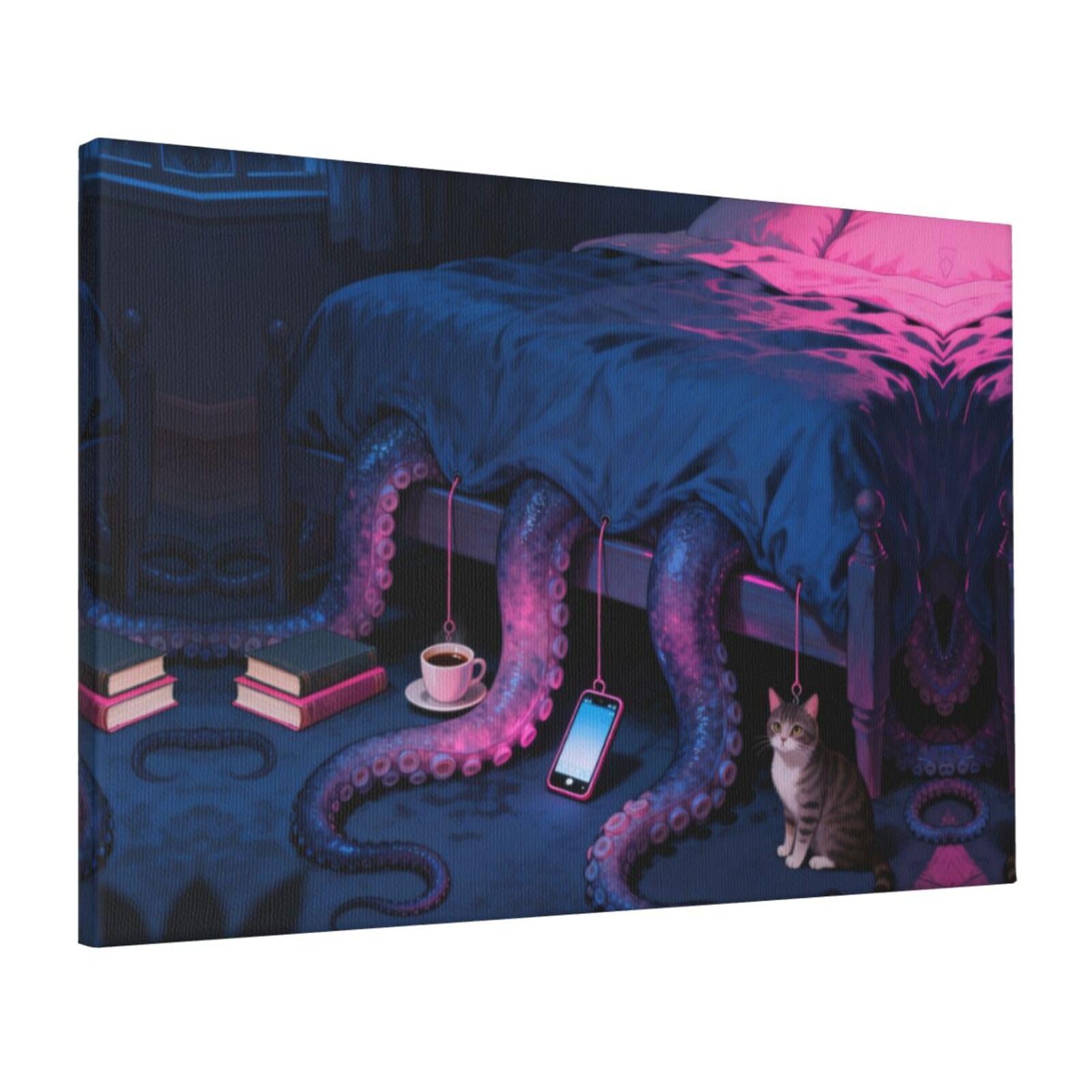 CNTDBU Sleeping Octopus Canvas Wall Art 16x24 Inch-Large Modern Painting Print for Living Room, Framed Ready to Hang Artwork for Bedroom