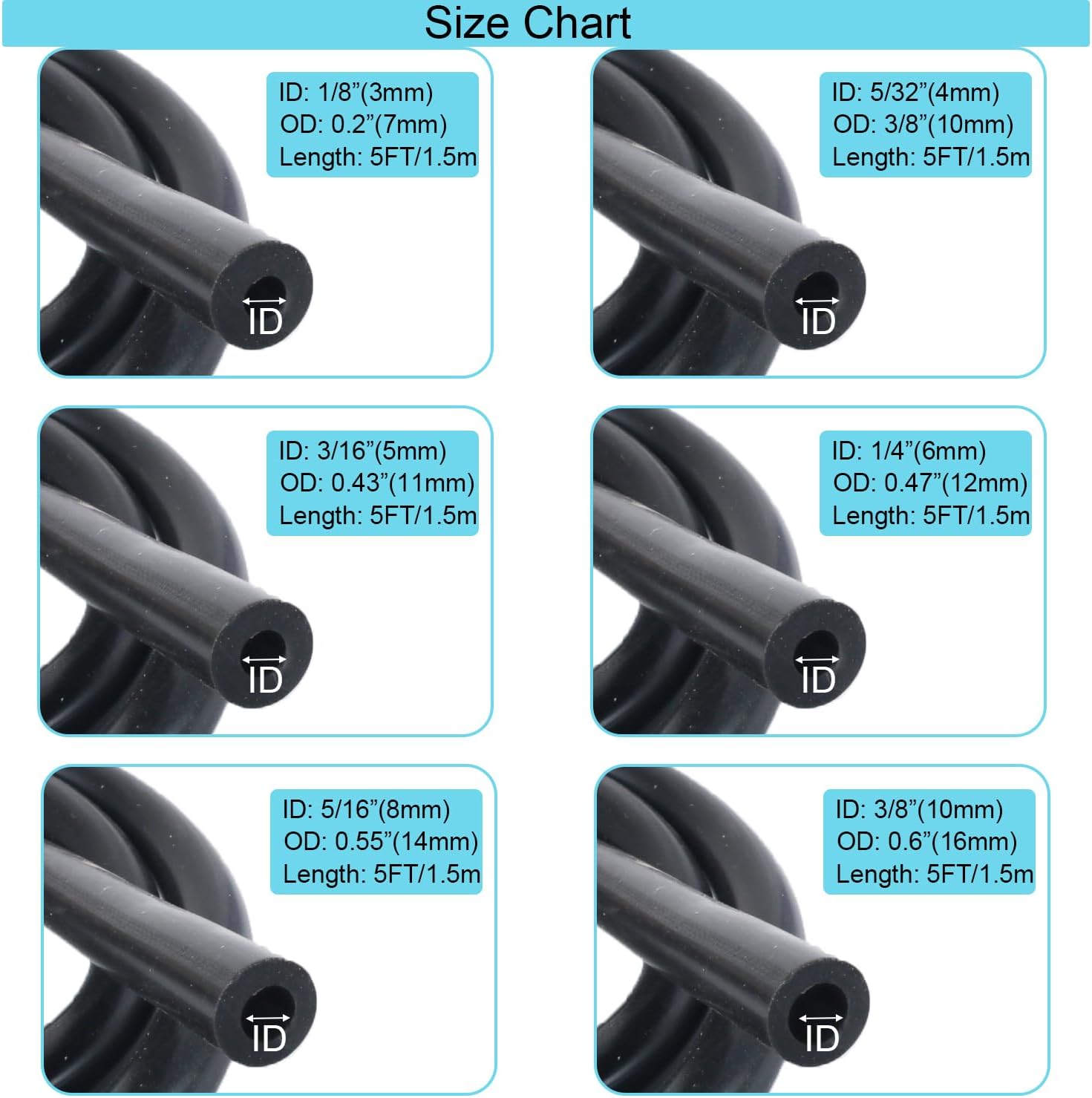 Silicone Vacuum Hose Kit 6PCS 5FT 1/8" 5/32" 3/16" 1/4" 5/16" 3/8" ID High Performance 130PSI With Vacuum Connector 12 Sizes 130PCS Engine Automotive Vacuum Silicone Hose Line Kits