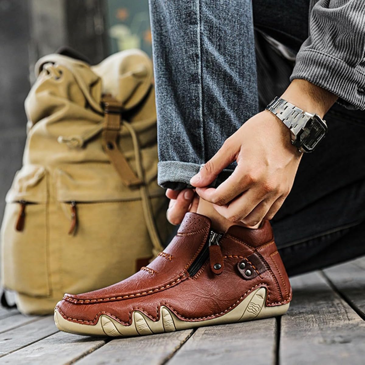 Men's Leather Hand Stitching High Top Ankle Boots Comfort Slip On Orthopedic Leather Boots Wide Toe,Arch Support Waterproof Non-Slip Side Zipper Mid Driving Chukka Loafers - Image 4