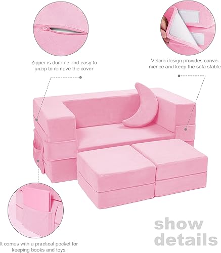 Miniatura 6 de Sofá modular para niños, sillón de espuma para niños, sofá convertible de felpa para niños, sofá plegable (rosa)