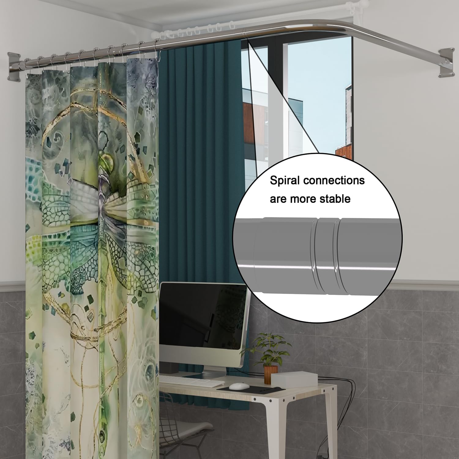 L Shaped Shower Curtain Corner Rod Bathroom Bathtub Corner Shower Curtain Rod for Big Size 27.55"x 63" Silver With 12 Hooks