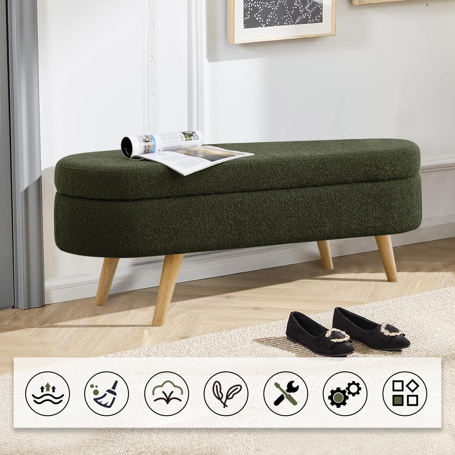 43.5" Ottoman with Storage, Storage Ottoman Bench with Safety Hinge, Foam End of Bed Bench Upholstered Entryway Bench for Bedroom, Living Room & Window, Green