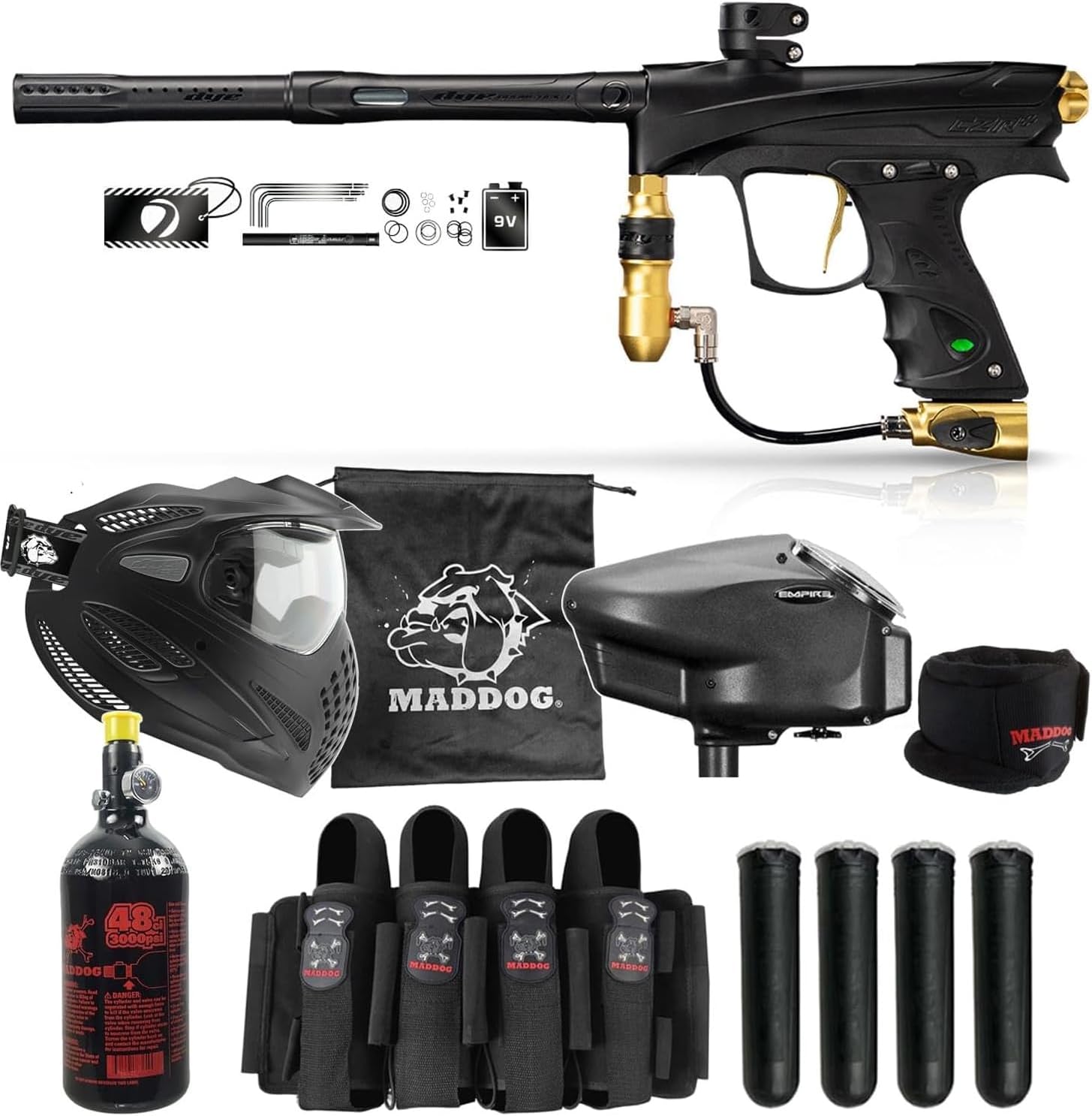Maddog DYE CZR+ Full Auto Electronic Paintball Gun Marker Elite Starter Package | Thermal Anti-Fog Paintball Mask, HPA Tank, Empire Halo Too Loader, Neck Protector, Pro Paintball Harness & Pods