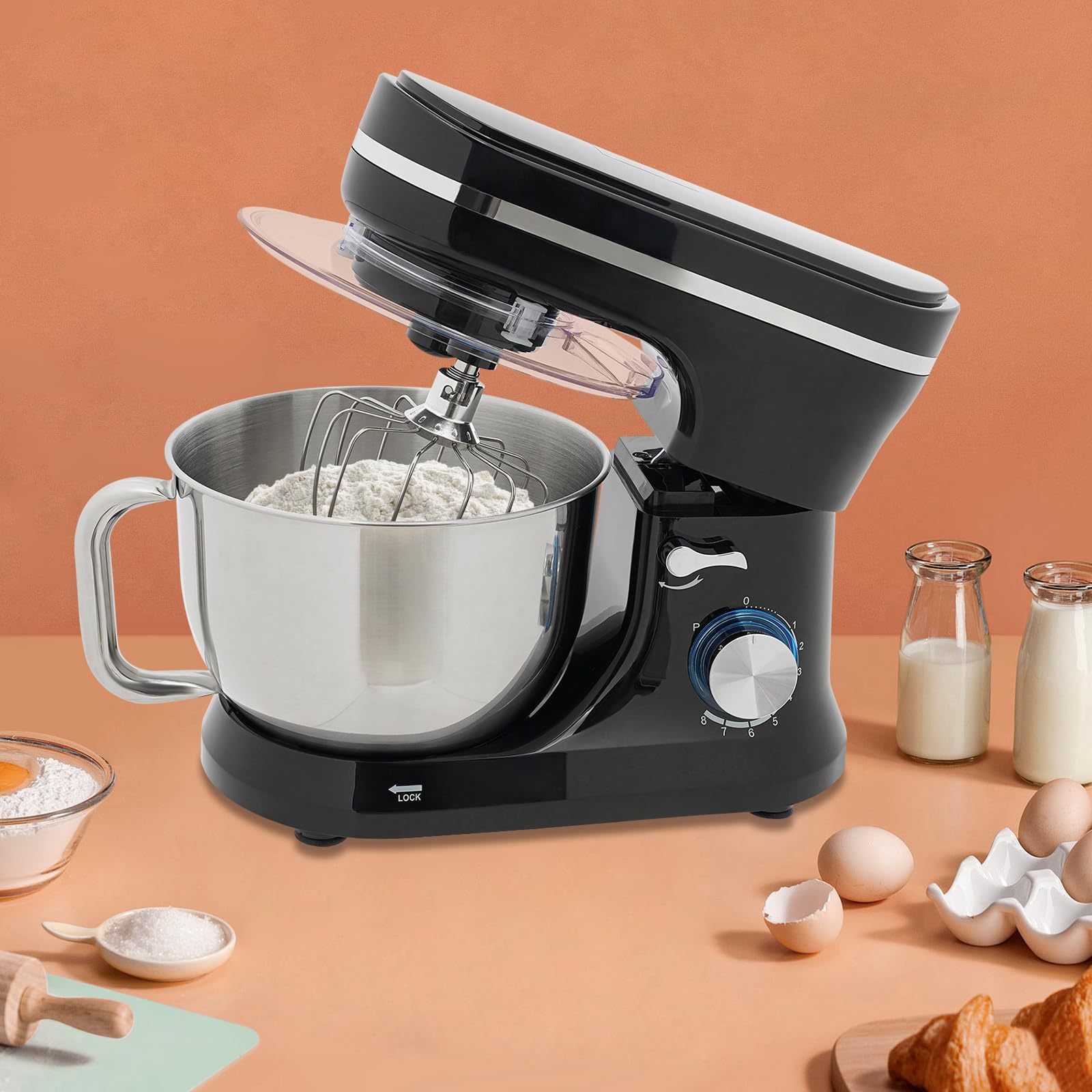Batidora de cocina, grado alimenticio, acero inoxidable 304, 1,19 galones, 220 V, 1000 W, función de impulso, engranaje 8+1 con cubierta antisalpicaduras de 68 dB, para amasar masa, batir crema y