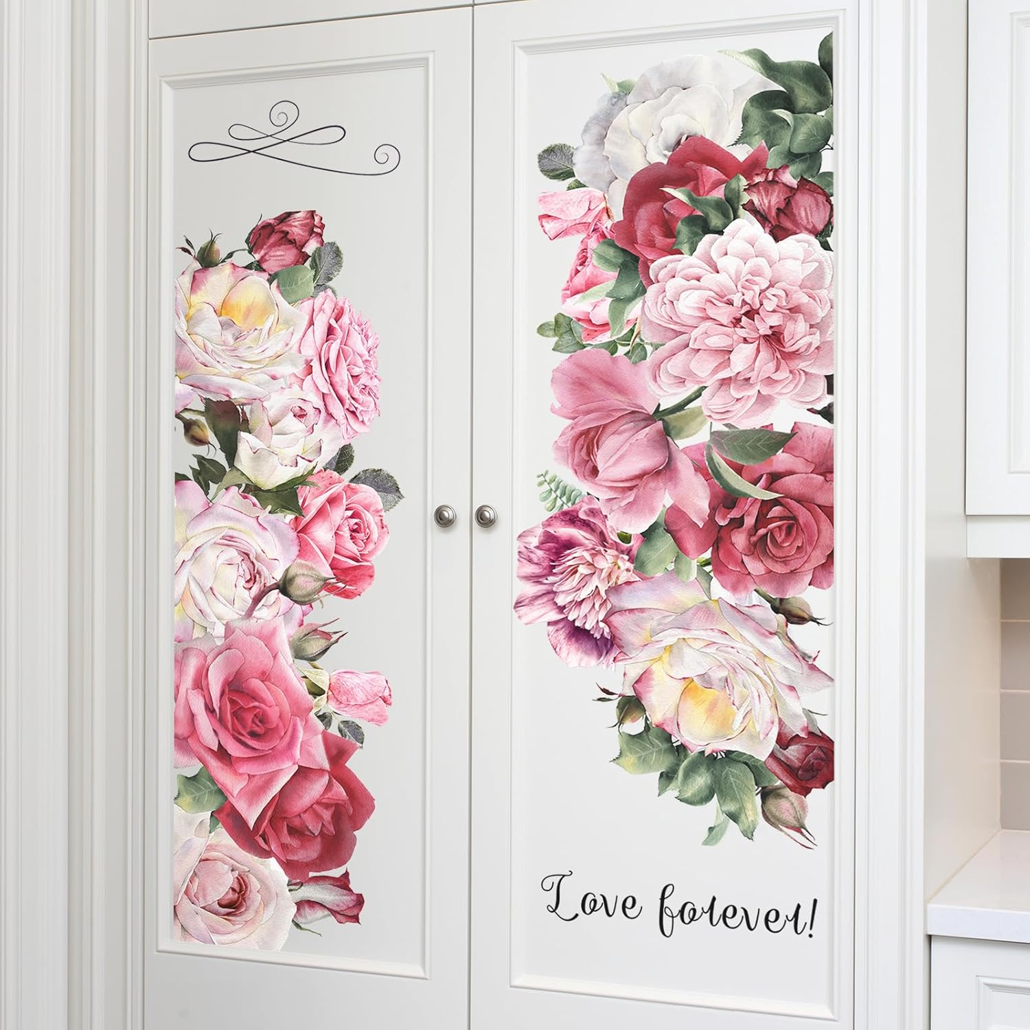 Supzone Pink Peony Rose Wall Stickers Large Peony Flower Blossom Wall Decals Self-Adhesive Love Forever Wall Art Decals for Valentine's Day Living Room Bedroom Door Furniture Sofa TV Backdrop Decor