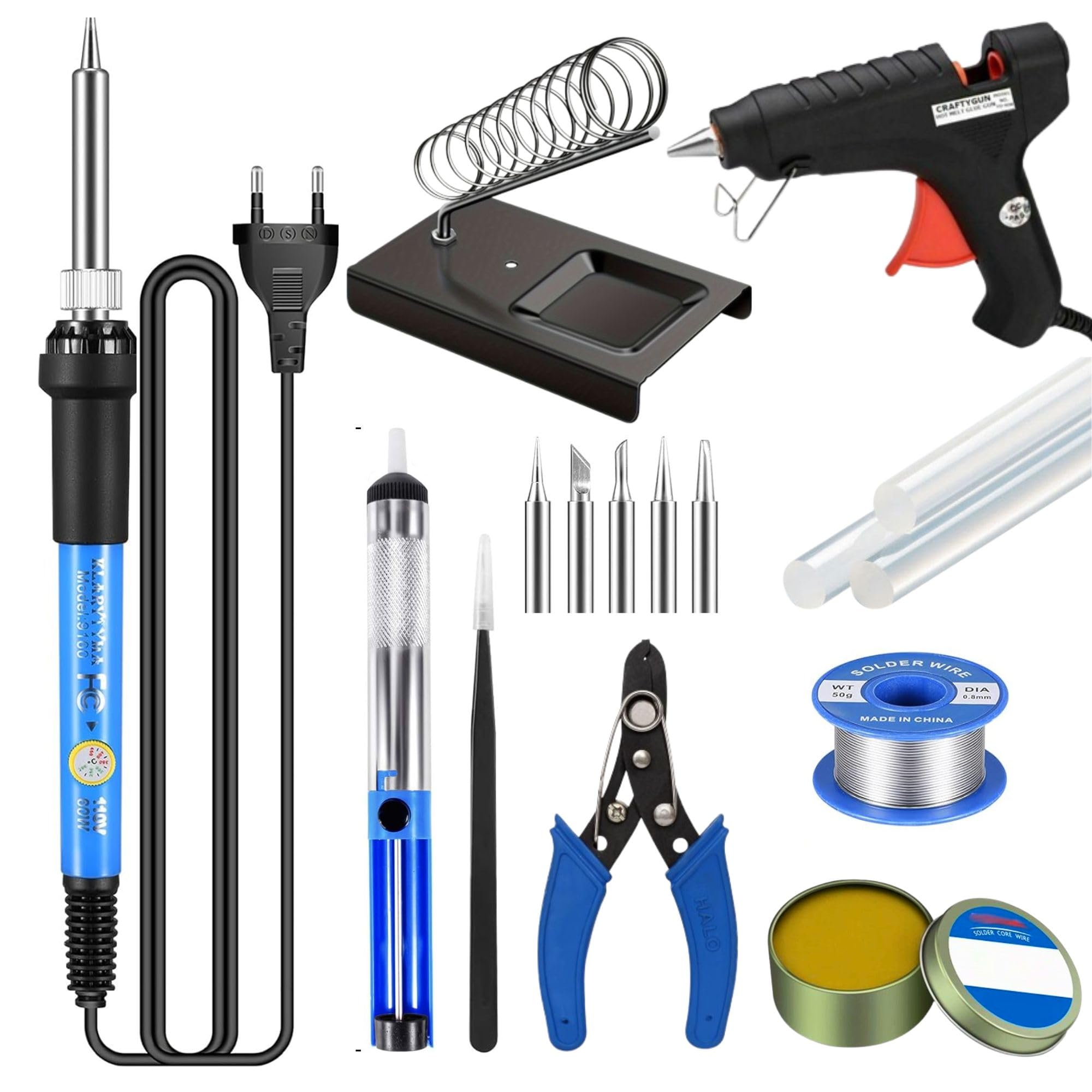 Party Town® 60W Adjustable Temperature Soldering Iron Kit with 5 Tips, Desoldering Pump, Solder Wire, Flux, Glue Gun, 3 Glue Sticks, Tweezers & Stand – All-in-One Electronics Repair Tool (set of 16)