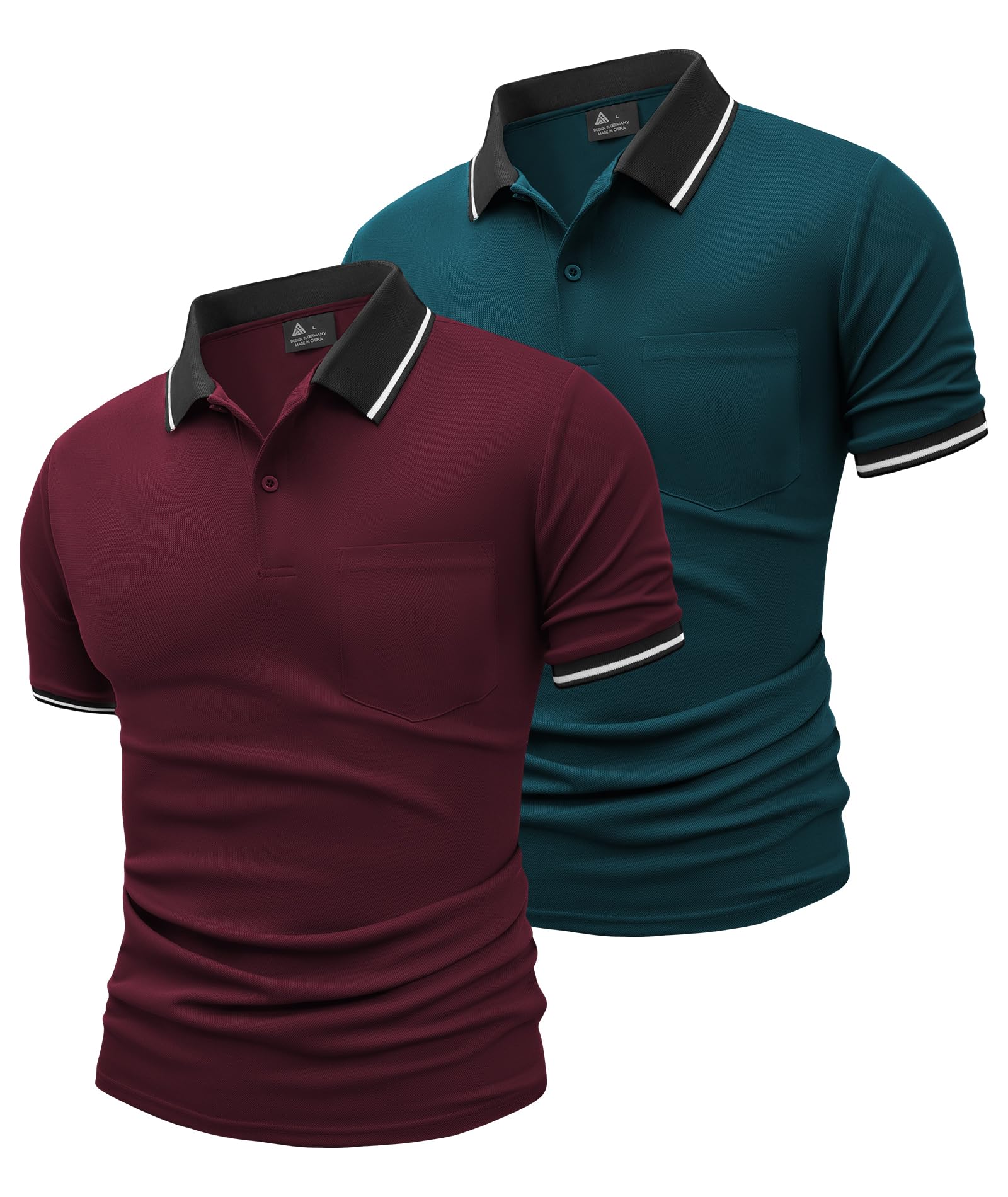 JACKETOWN 2er Pack Poloshirts Herren Kurzarm Golf Polo Hemd Männer mit Tasche Schnelltrocknend Atmungsaktives Work Polohemd Herren Sommer Slim Fit Shirt Tennis Basic Tshirt