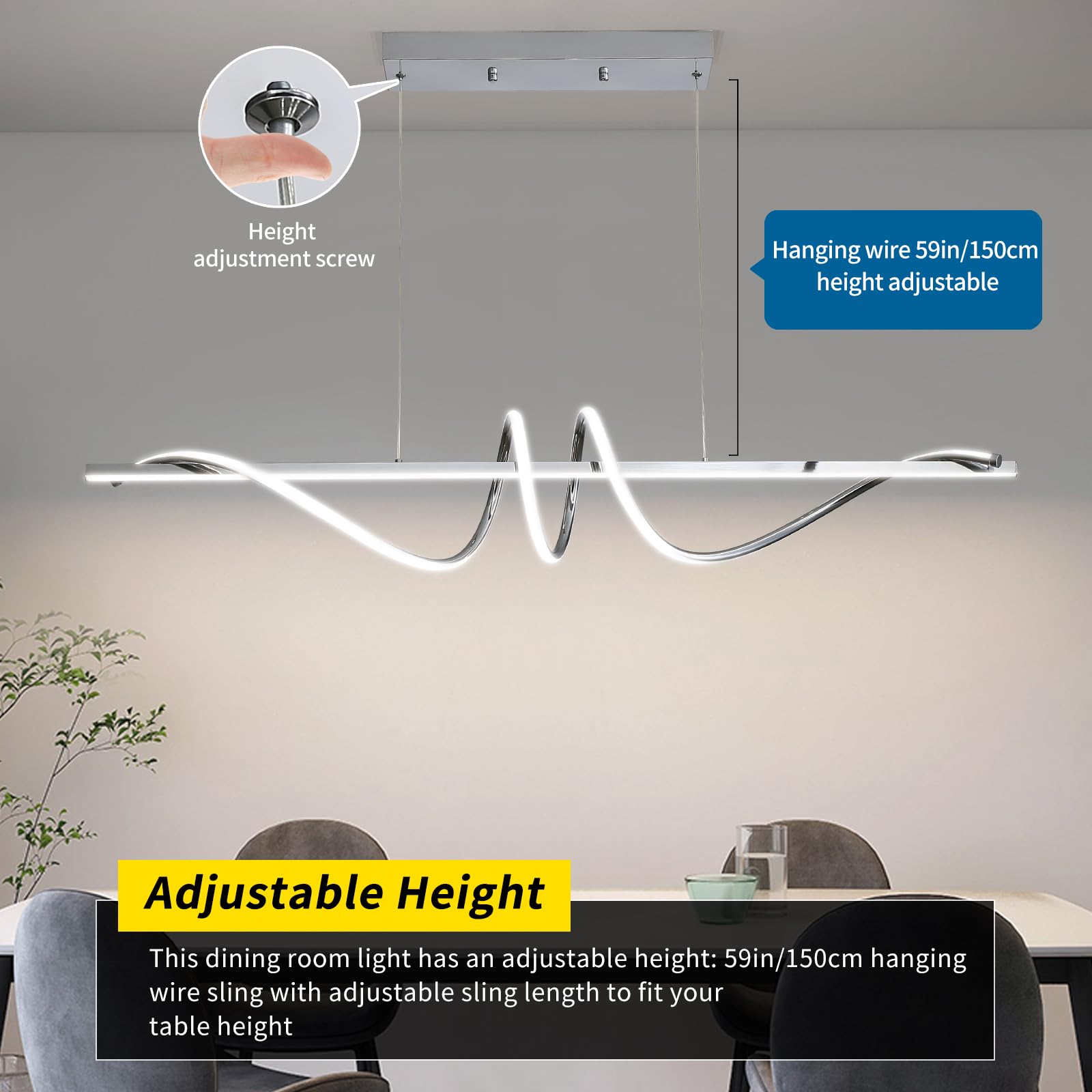 Mikeru 120cm Illuminazione a Sospensione a Spirale, Luci a Sospensione da Cucina Cromate 3000k/4500k/6500k Dimmerabile dal 10% al 100% Luce a Sospensione Con Funzione di Memoria per Il Soggiorno