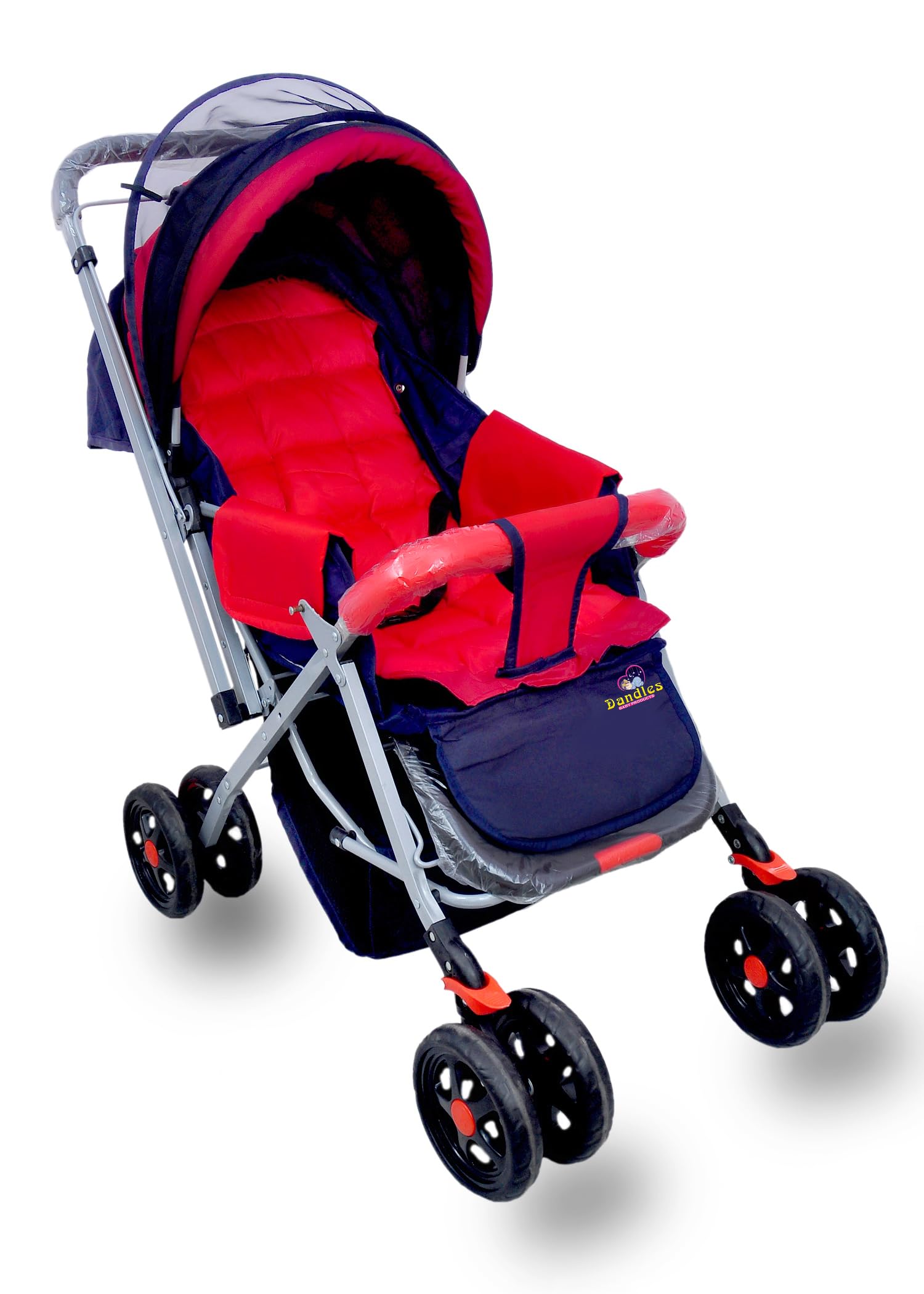 DANDLES - Baby Stroller and Pram with Mosquito Net and Wheel Breaks Stroller Cushion 360° Swivel Wheel, Large Storage Basket, Reversible Handlebar for New Born, Toddler & Kids (Red)