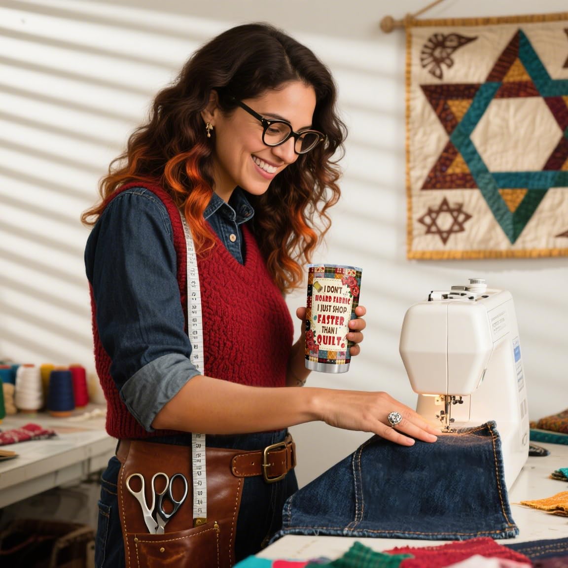 Sewing Coffee Tumbler, Sewing Gift For Women, Seamstress Gift, Birthday Gift For Sewers, Quilting Travel Wine Glass For Her, Sewing Theme 20 oz Stainless Steel Mug - Image 2