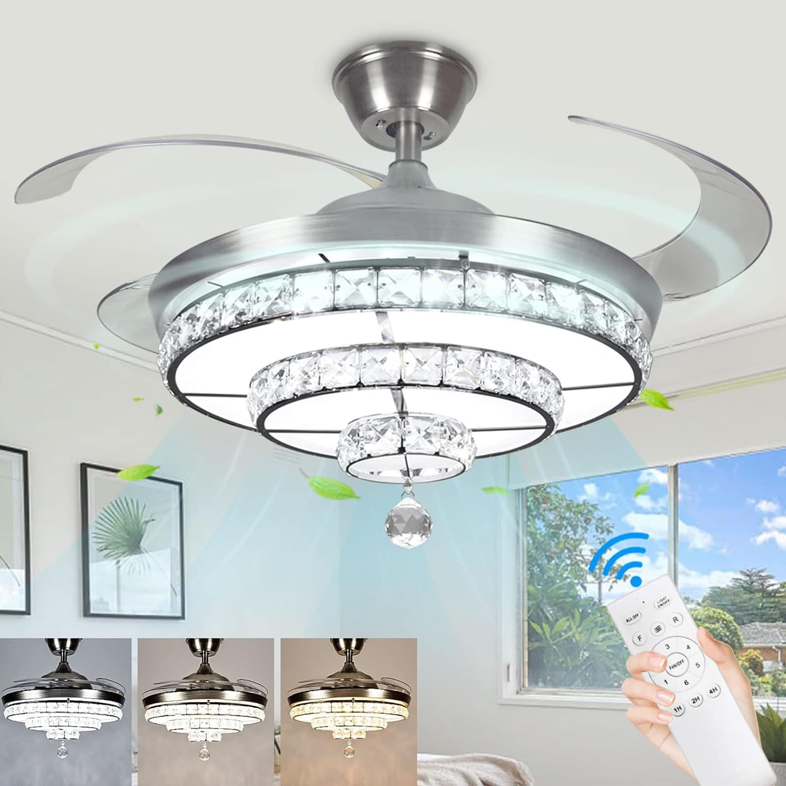DLLT 42'' Crystal Ceiling Fan with Light, 36W Modern Ceiling Fan Remote, 3-Blade Retractable LED Fan Chandelier Indoor for Living Room, Bedroom, Dining Room, Color Changeable 3000K-6000K Nickel