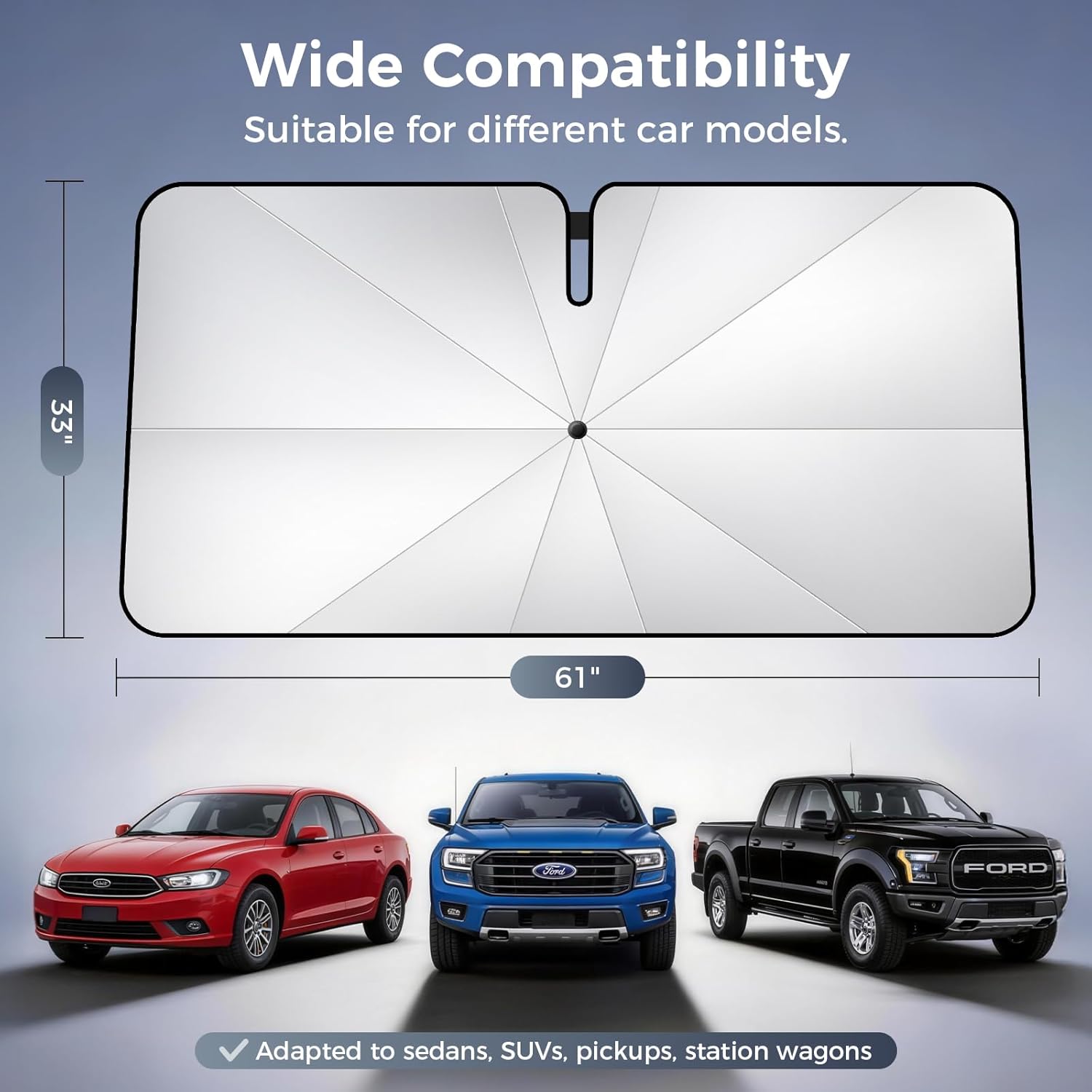 Upgraded Windshield Sun Shade Umbrella – Thickened Silver Titanium Coating, UV Protection for Car Front Window, Block Sun Rays & Keep Interior Cool, Reinforced Spring Edge, Universal Fit 61" L x 33" W