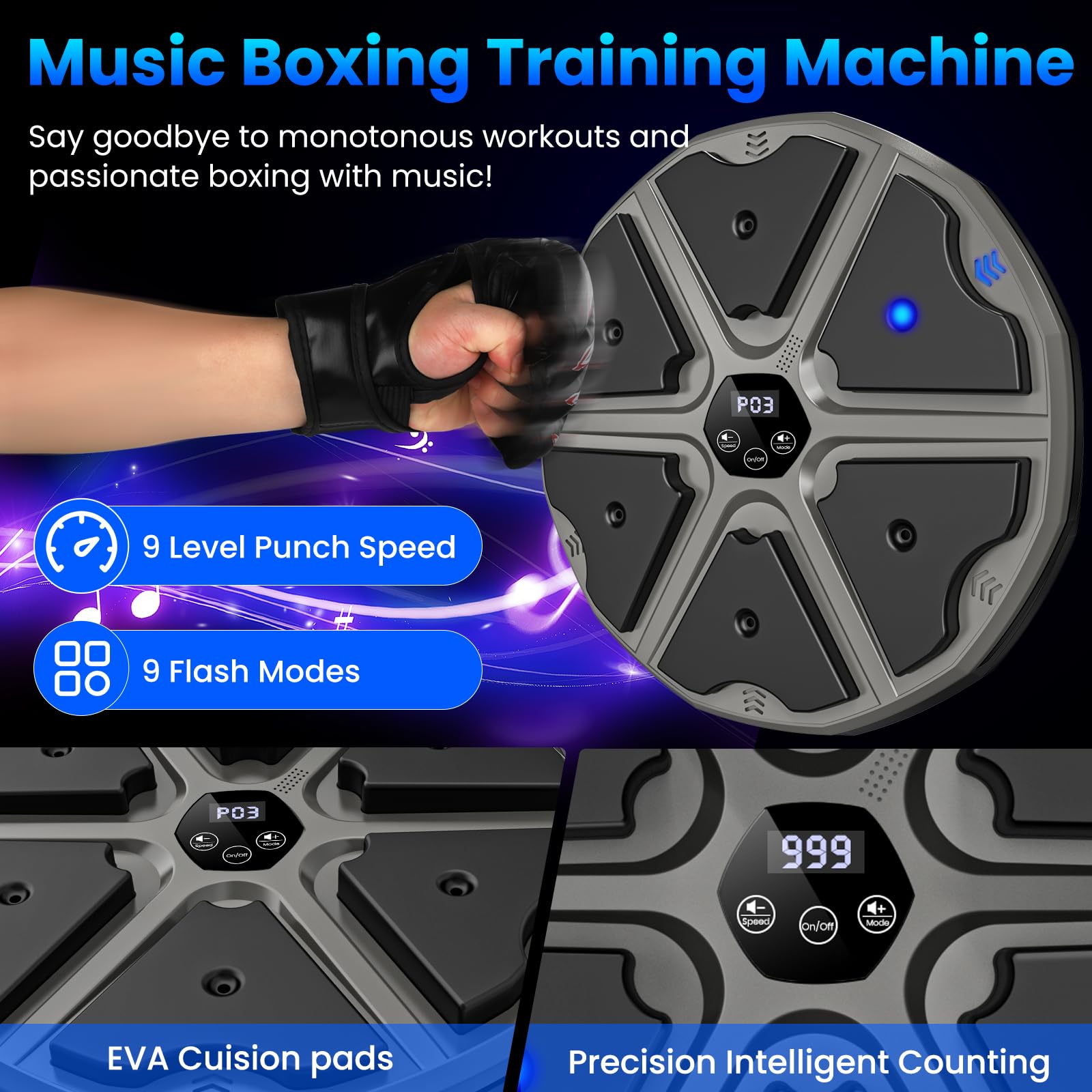 Music Boxing Machine, Elektronische Boxmaschine mit Musik, Boxing Machine mit Boxhandschuhen, Bluetooth, 9 Geschwindigkeits und Trainingsmodi, Zählmodus, Musik Box Maschine für Erwachsene