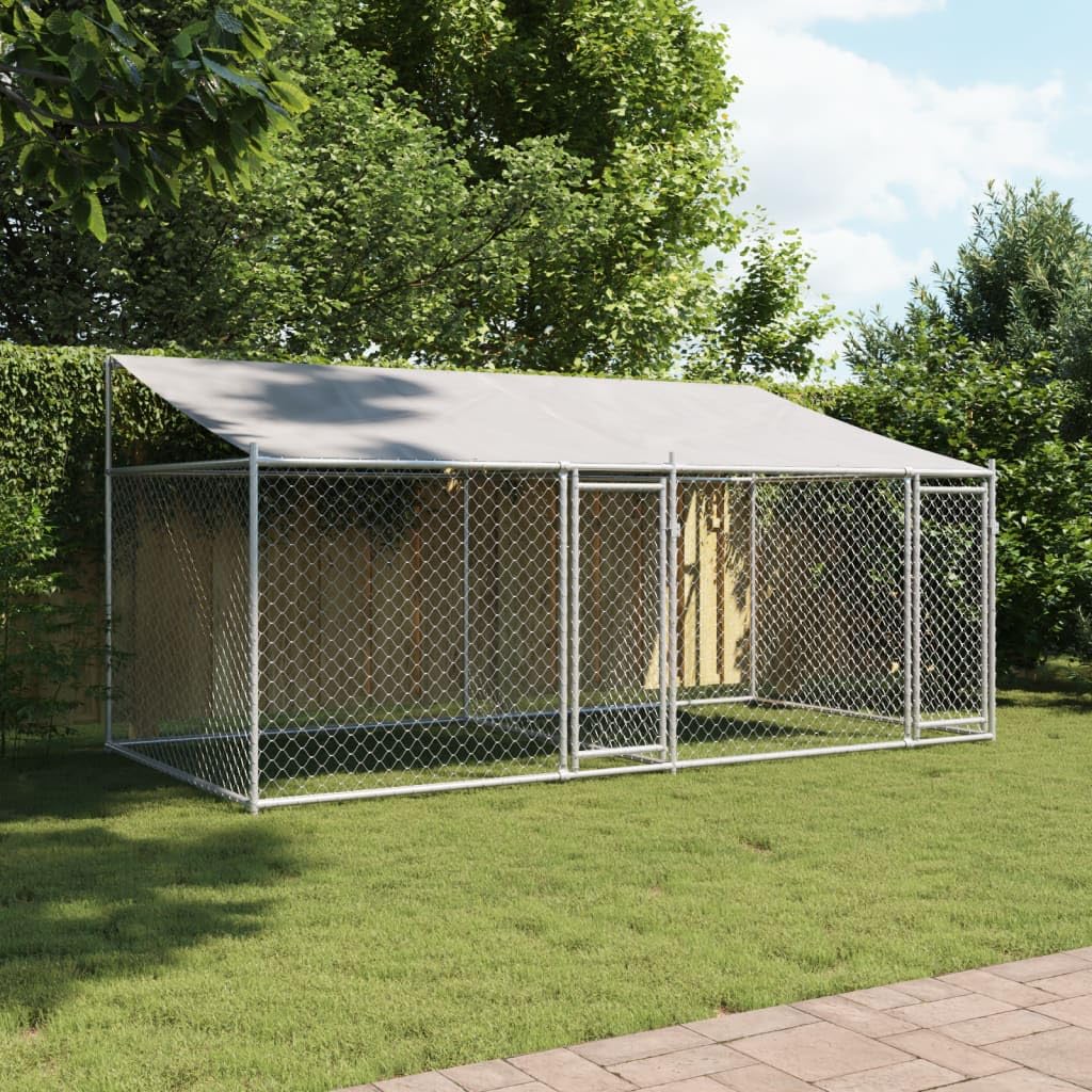 Gecheer Jaula de Perros Techo y Puertas Acero galvanizado Gris 4x2x2 m,Cercado para Perros Perrera Gallinas,Caseta para Perros Mascotas Animales Perro Grande Exterior