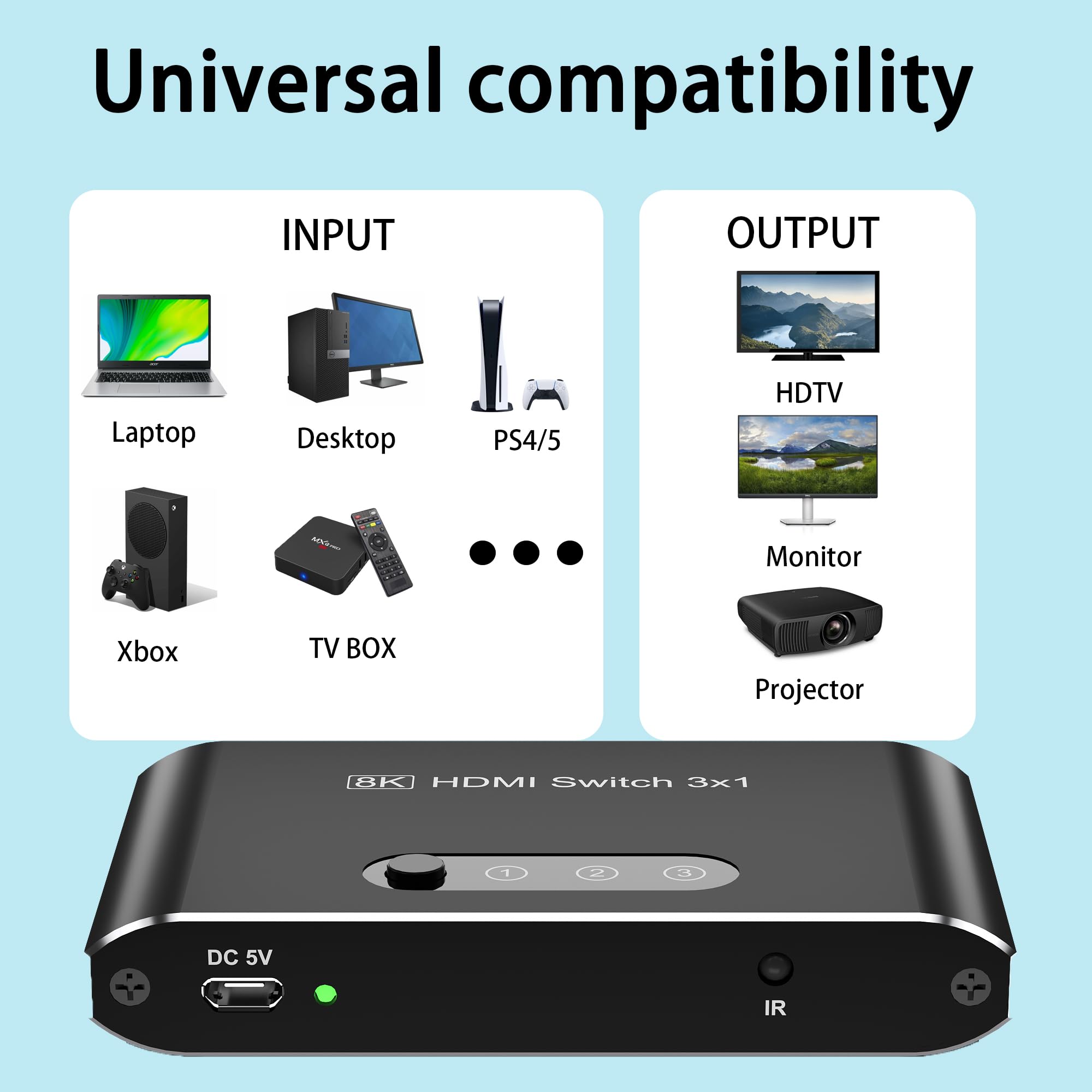 Conmutador HDMI 2.1 3 en 1, interruptor divisor HDMI 8K, compatible con 4K a 120Hz, 8K a 60Hz, caja HDMI Ultra HD de 48 Gbps, carcasa de aluminio, compatible con PS4/PS5, Xbox, Fire Stick, Apple TV