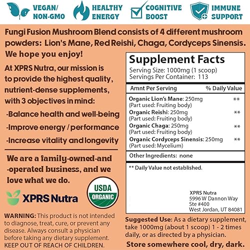 Miniatura 8 de XPRS Nutra Mezcla de polvo de hongos orgánicos Fungi Fusion, mezcla premium de melena de león, Reishi, Chaga, Cordyceps para claridad mental