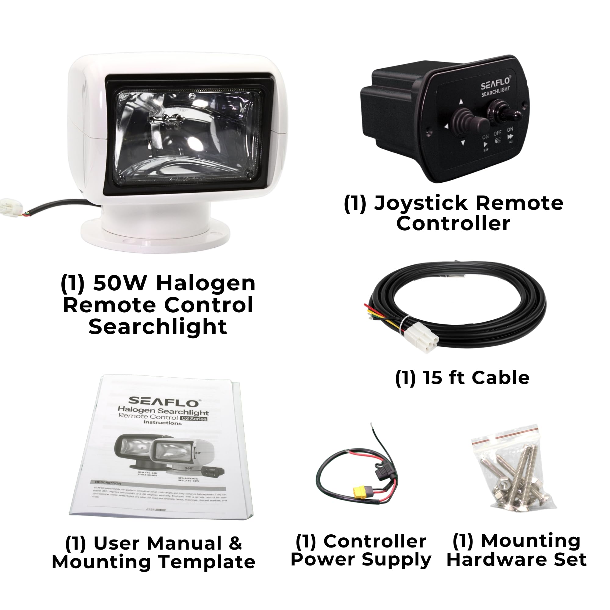 SEAFLO 01 Series 360° Rotating Remote Control Halogen Boat Searchlight – 12V DC 50W, IP65 Waterproof, Beam Distance: 1266 FT (386m) - CE & Rohs Certified - (Candle Power: 100000cd, Voltage: 12V)