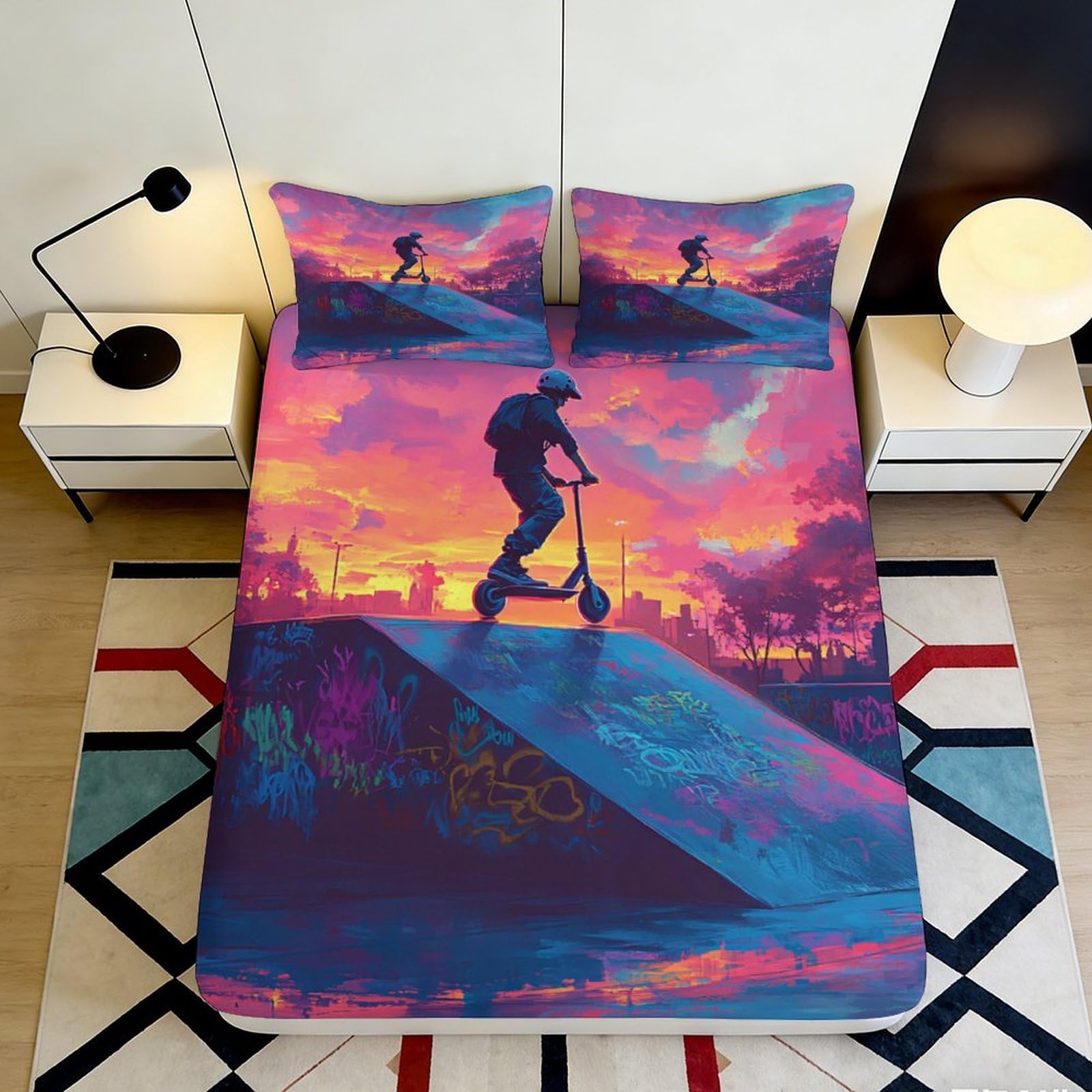 Uxinyoume Style-8 3D Printed Sunset Skatepark Fitted Sheet Microfiber Non-Slip Bed Cover For Bedroom Dorm Artistic Decor 90X200x25cm