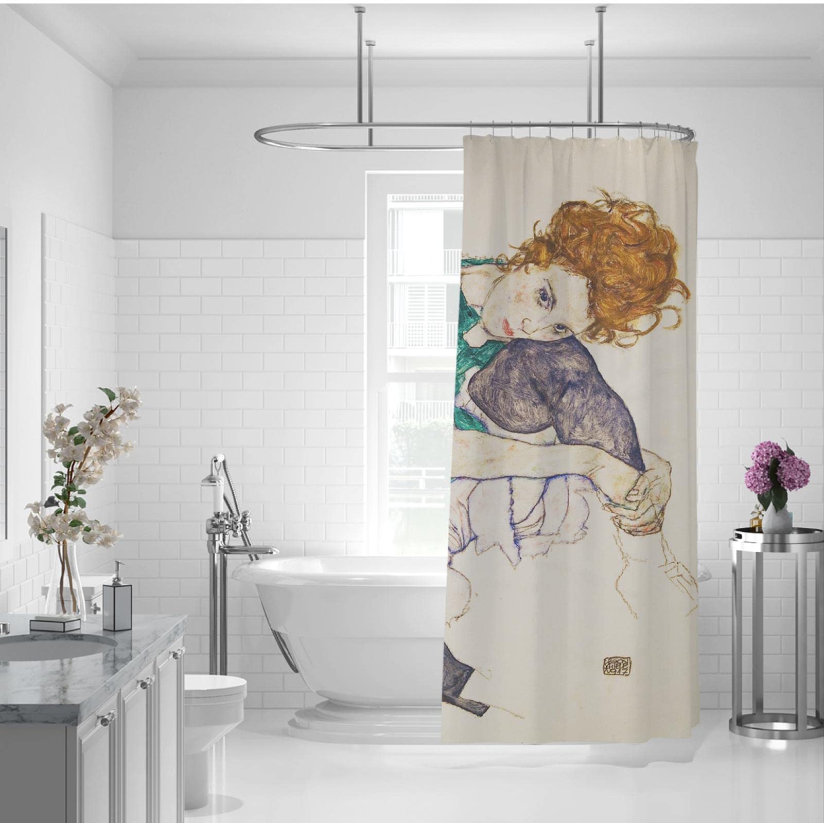 Rideau de Douche Beige doublure Vert et or Polyester Tissu Rideau de Douche ensembles Avec crochets La Femme assise Avec genou plié par Egon Schiele 180Bx220Lcm