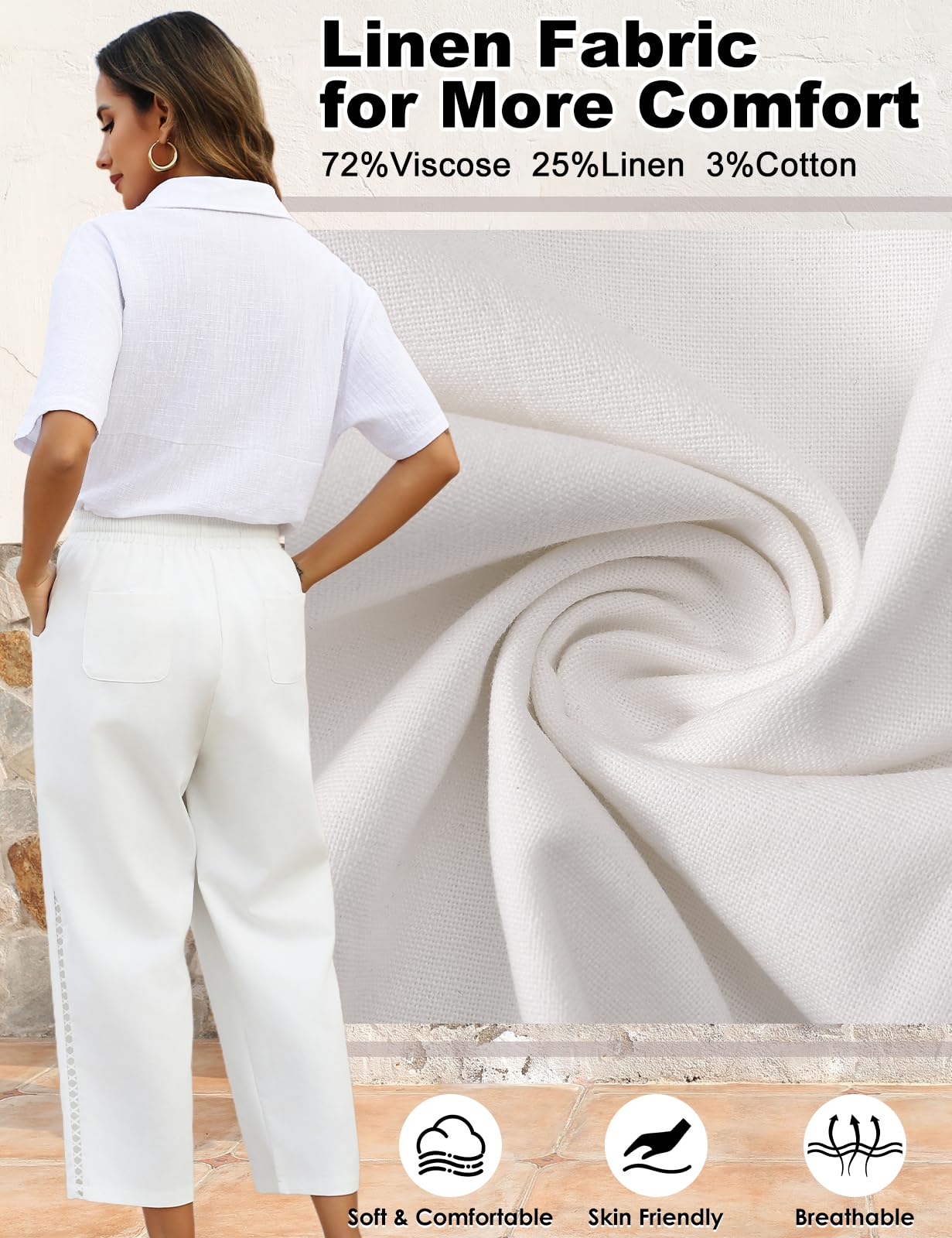 CMTOP Pantalon Femme Été Coton Lin 7/8 Pantalons Fluide Pantalon Loisirs Léger Longueur Pants Décontracté Solide Couleur Droit Pants avec Poches Cordon