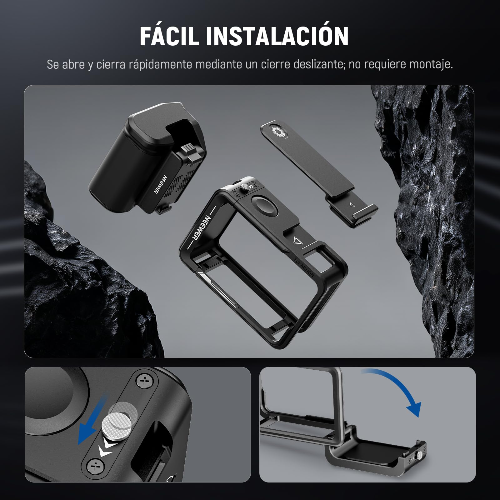 NEEWER Kit de accesorios de jaula y mango lateral compatible con cámara DJI Osmo Action 5 Pro / 4/3, soporte magnético de metal protector para video, barra extensora de obturador de zapata fría, negro
