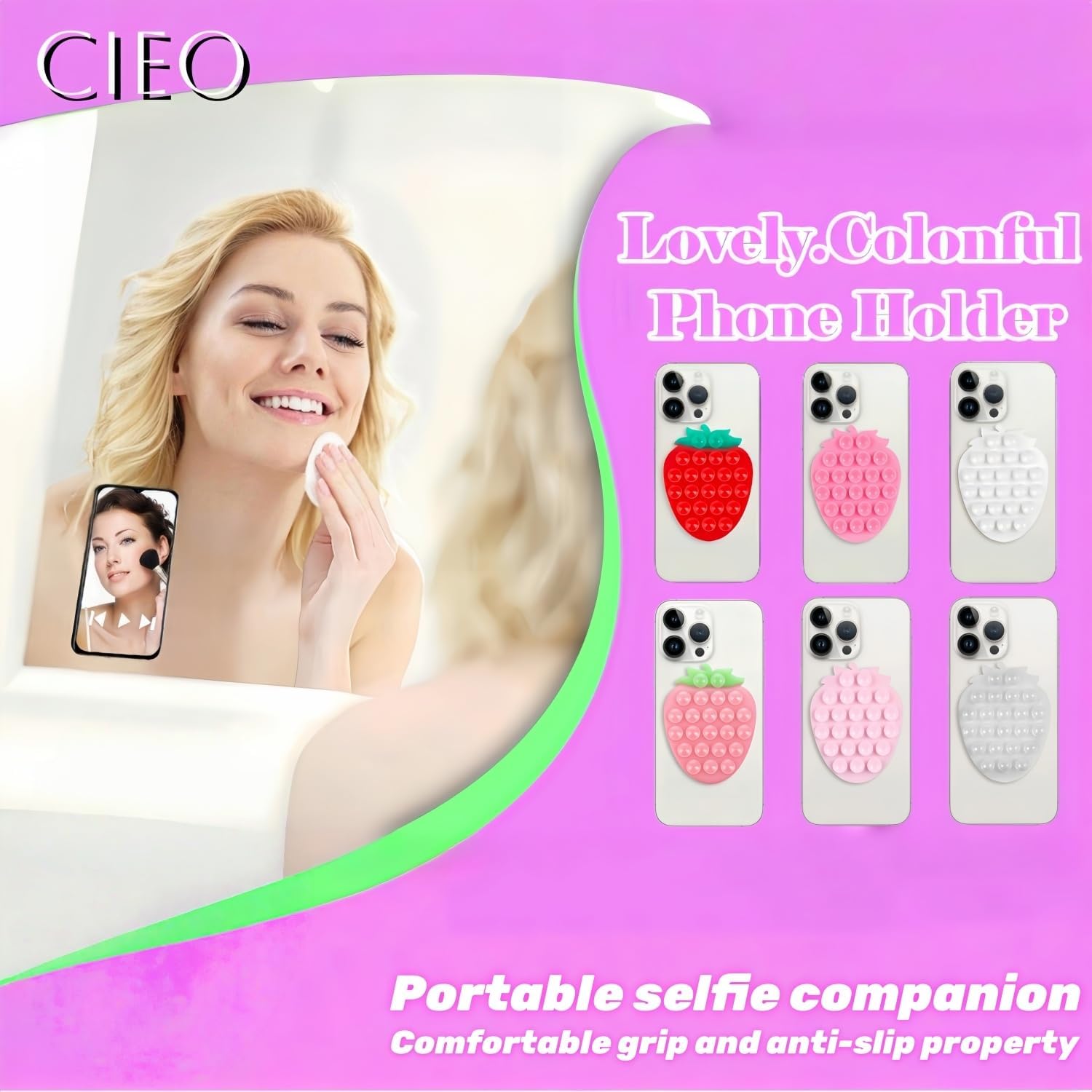 CIEO SuctionPhone Grip, Strong Silicone Suction,Strawberry Sticky Grip,Suitable for Selfies and Videos on Mirrors, Bathrooms and Smooth Surfaces, Compatible with iPhone (Strawberry Light Pink) image 3