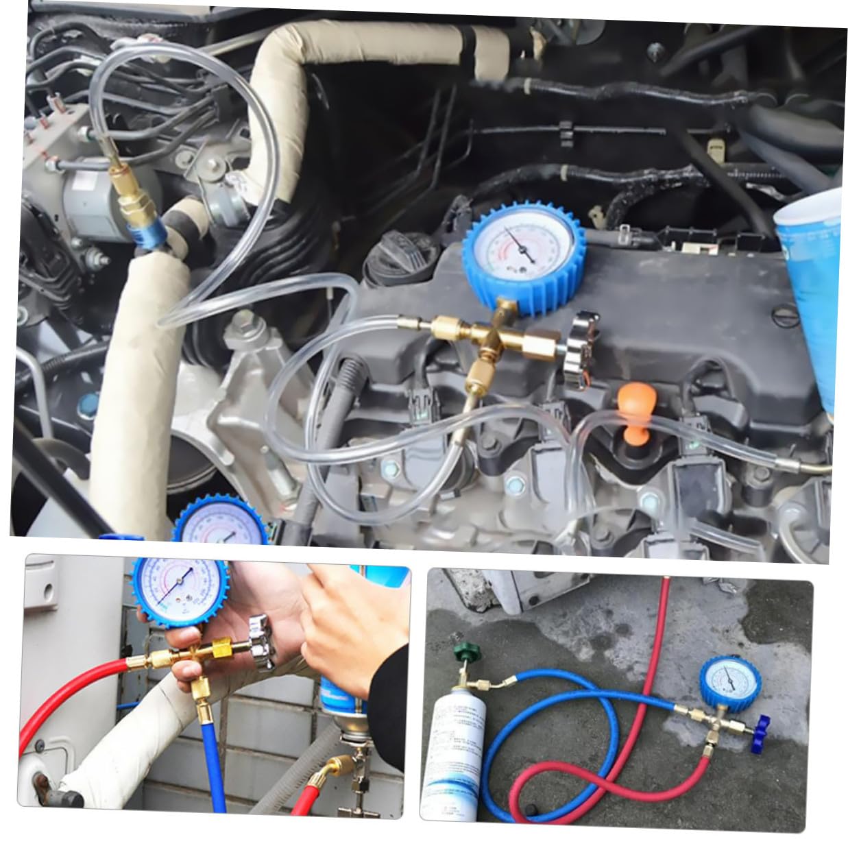 Car Ac Manifold Gauge Set with Refrigerant Hoses, HVAC Diagnostic Air Conditioner Pressure Gauge Tool Kit for Automotive Ac Recharge and Maintenance Random Color