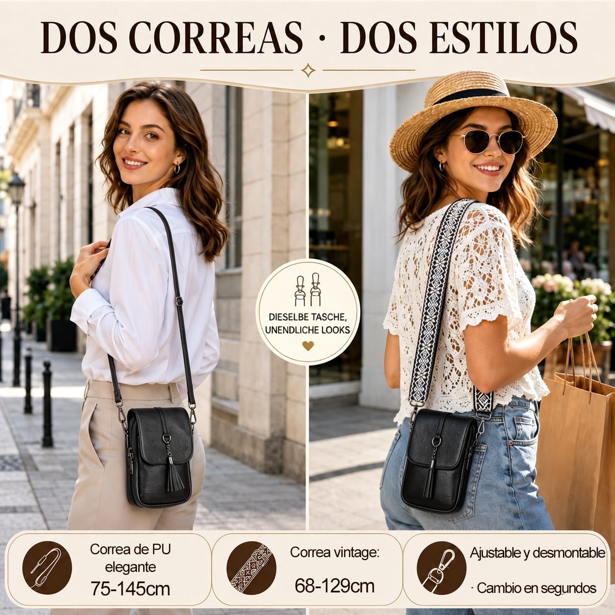 Bolso Movil Mujer de Piel Auténtica, Bolsitos para Moviles, Bolso Bandolera Pequeño Mujer Antirrobo con Cremallera Antirrobo y Bloqueo RFID para Viaje, Compras, Colegio, Trabajo y Uso Diario