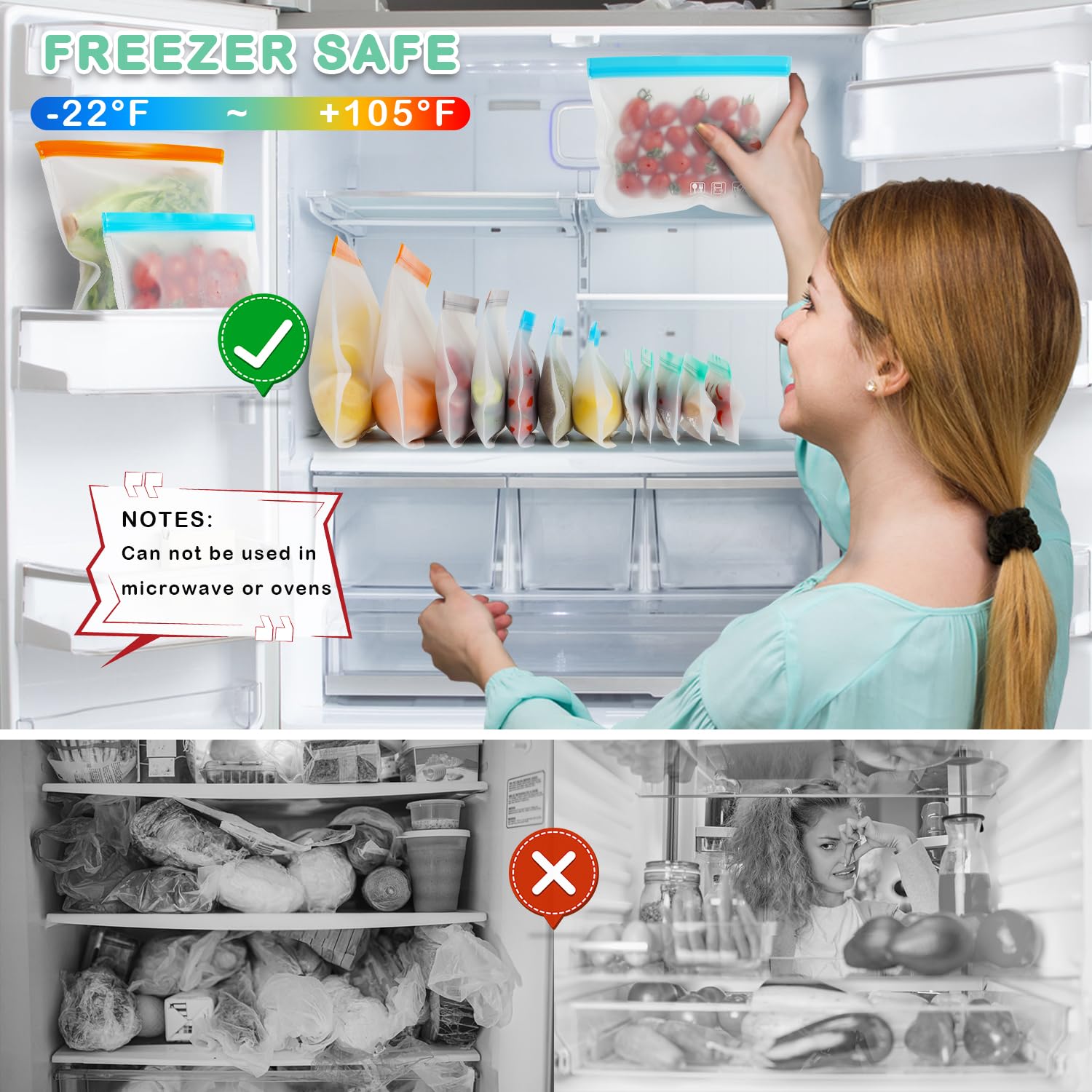 Sacchetti riutilizzabili per congelatore, extra spessi, a prova di perdite, sacchetti in silicone senza BPA, per conservare alimenti, viaggi, organizzazione della casa (confezione da 24, 6 XL, 6 L, 6