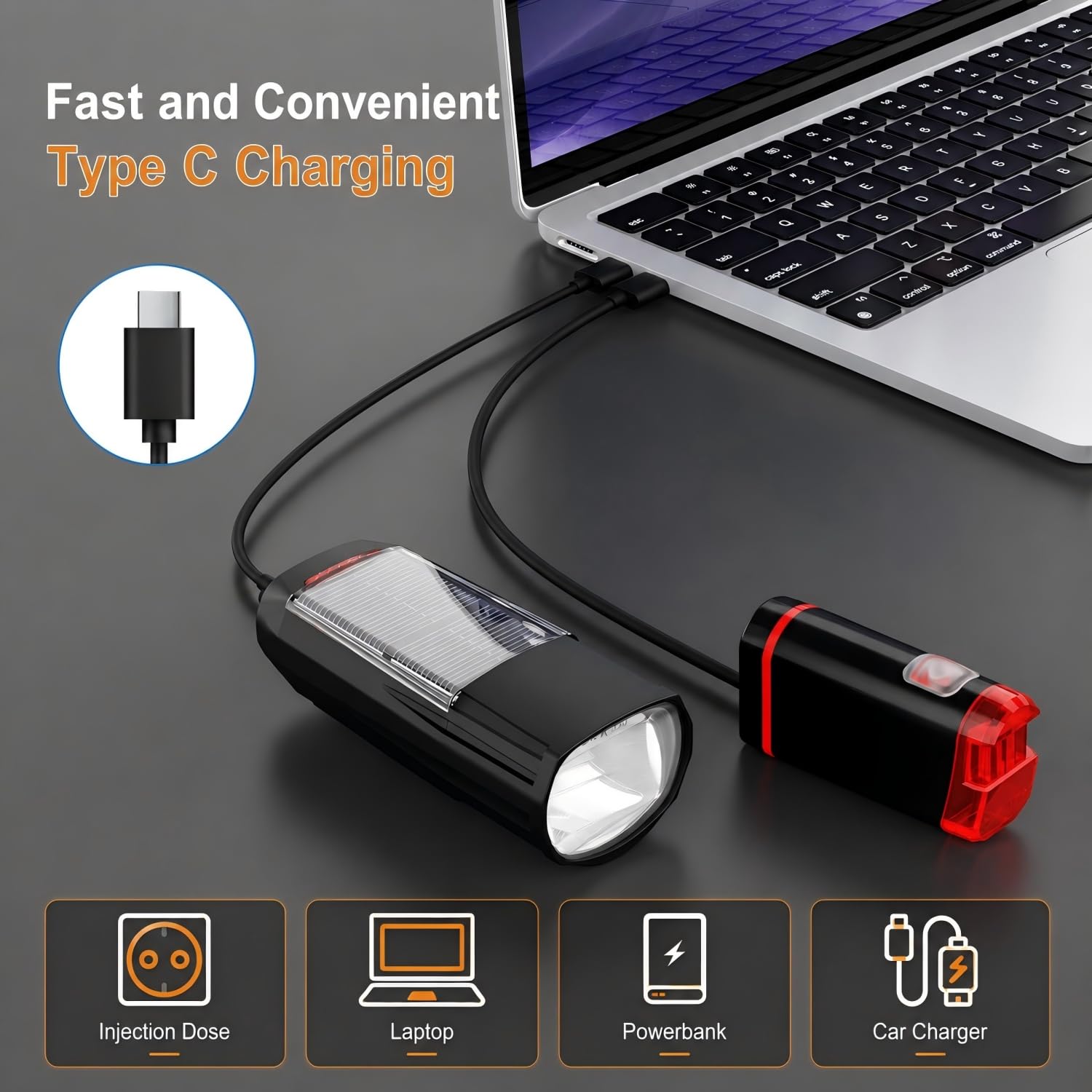Wiederaufladbare Fahrradbeleuchtung Set, LED Vorne und Hinten Fahrradlichter, USB-C Aufladung, 2400mAh Akku, 3 Helligkeitsmodi, IP44 Wasserdicht, Solarunterstützung für Nachtradfahren