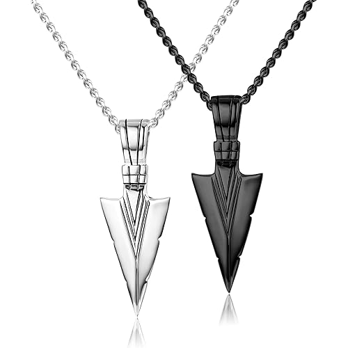 Jstyle Stainless Steel Pendant Necklace For Mens Cool Spearpoint Arrowhead Pendant Chain Necklace Set Black & Silver Tone