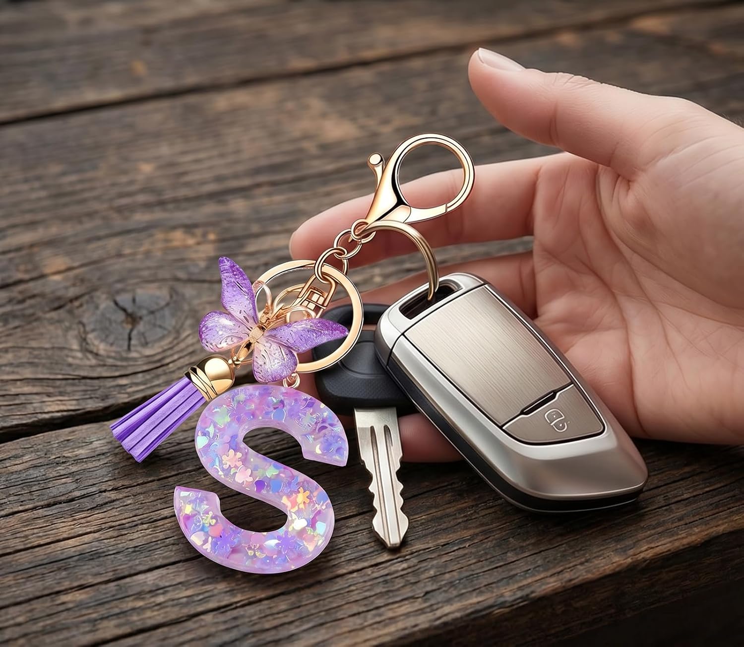Initial Keychain Bag Charms, Cute Sparkly Letter Accessories Gift for Women Purse Backpack Butterfly Tassel Key Chain image 2