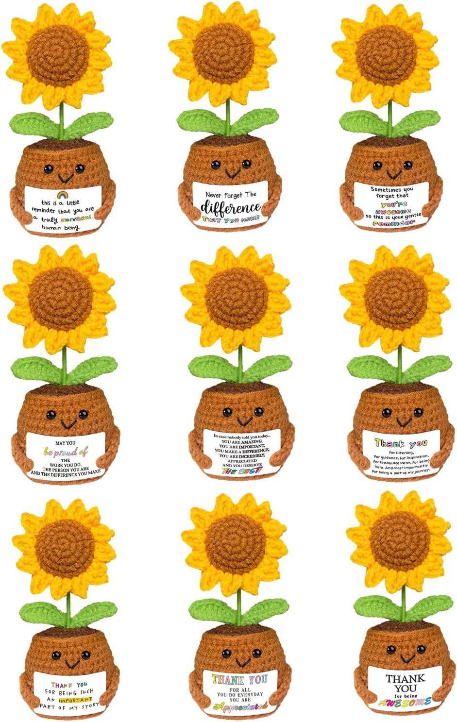 9 Packs Thank You Gifts for Women Teacher Appreciation, Positive Crochet Sunflowers Bulk, Coworkers Employee Appreciation Gifts with Comfort Support Messages for Friends Sister Volunteer Nurse Team
