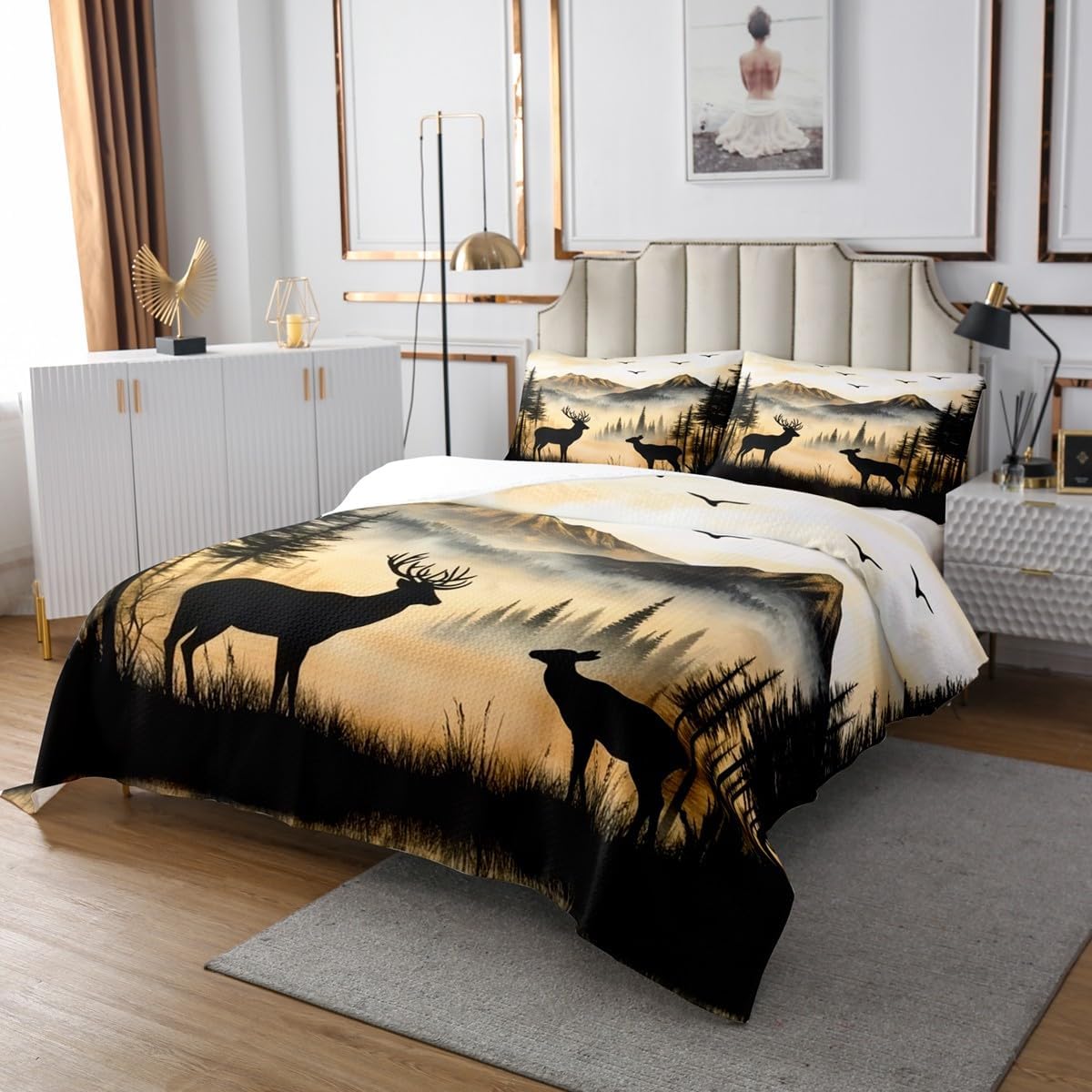 jejeloiu Cute Deer Bedspread Quilts Deer Hunting Coverlet Set King Size for Kids Boys Girls Mountain Quilted Coverlet for All Season with 2 Pillowcases Foggy Mountain Microfiber