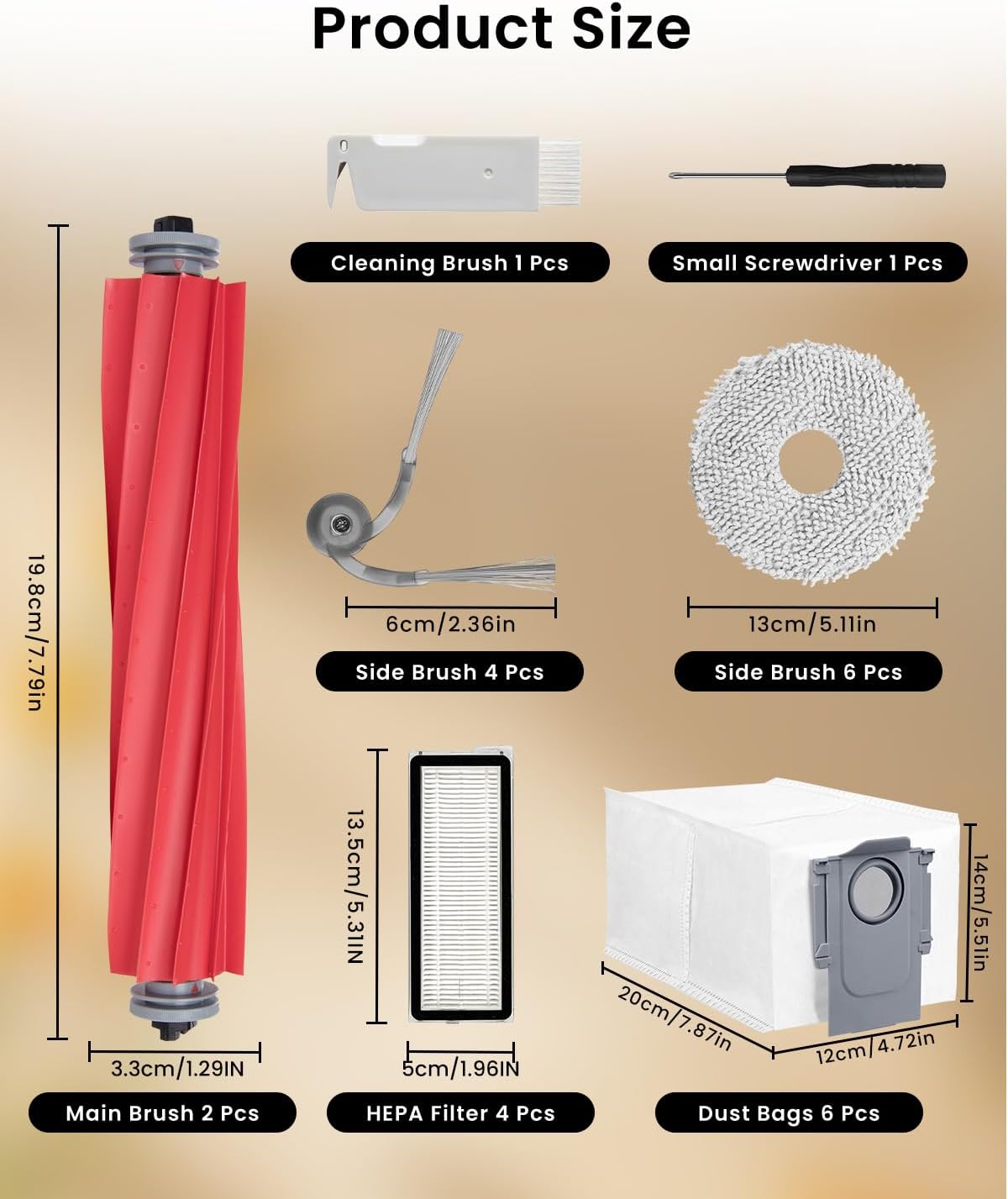 24Pack Accessories Replacement Kit For Roborock QV 35A 35S Robot Vacuum – QV 35A Replacement Parts Includes 2Main Brush,4Side Brushes,6Mop Pads,4HEPA Filter,6Dust Bags,1Cleaning Brush,1Screwdriver