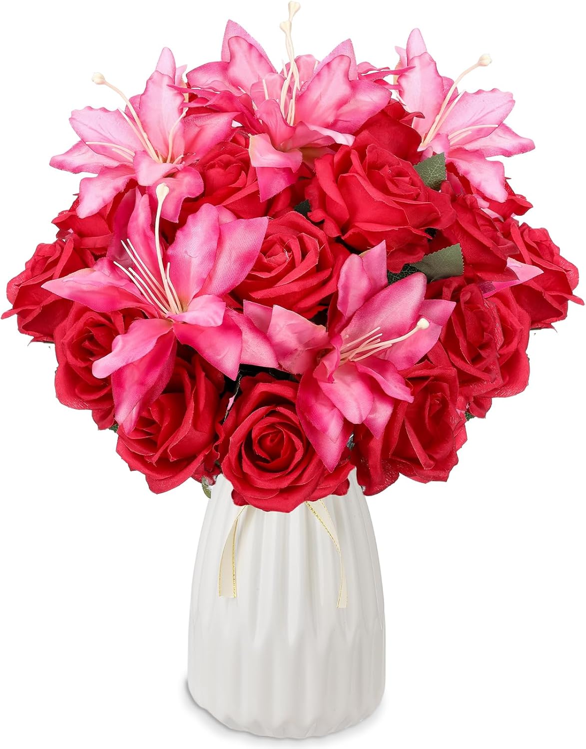 Hotop 20 Pcs Artificial Lily and Rose Flower Bouquet with Long Stem,Realistic Red Rose and Pink Lilies Plastic Silk Fake Floral Arrangement Gift for Bridal Wedding Table Centerpiece (Red)