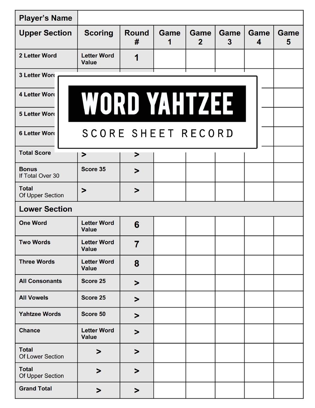Word Yahtzee Score Record: Word Yahtzee Game Record Keeper Book, Word  Yahtzee Scoresheet, Word Yahtzee Score Card, Keep Track of all the scores  with ... White Cover, Size 8.5 x 11 Inch,