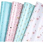 WRAPAHOLIC Wrapping Paper Sheet - 12 Sheets Flamingo/Mermaid/Polka Dot/Brushstroke Design Folded Flat for Birthday, Party, Baby Showers - 19.7 Inch X 30 Inch Per Sheet